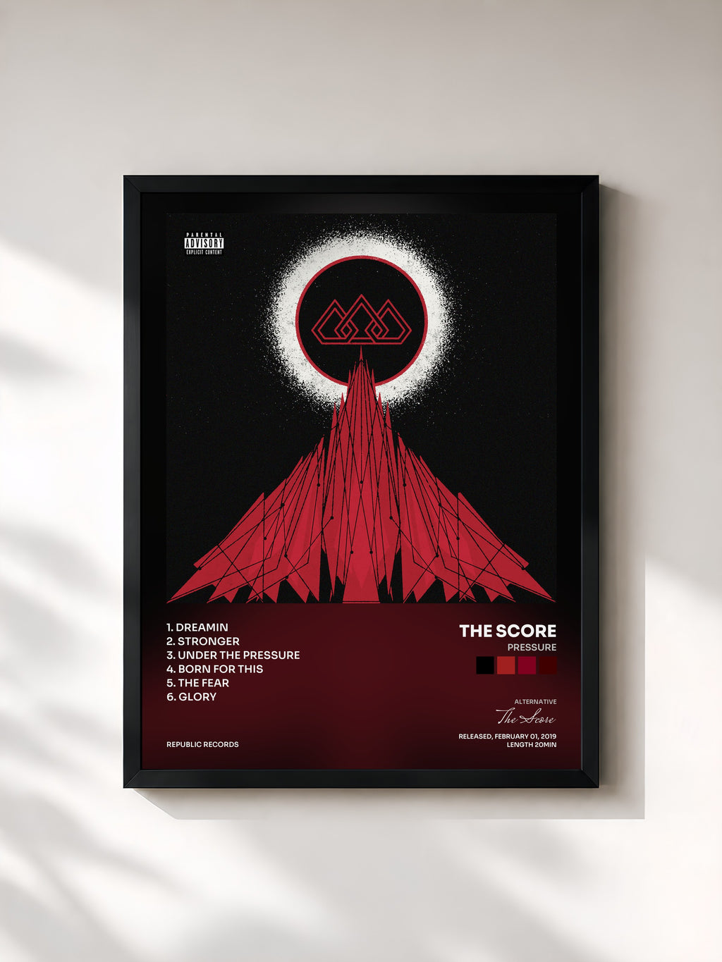 #noir Tableau de l'album Pressure de The Score, cadre noir, imprimé et encadré en France