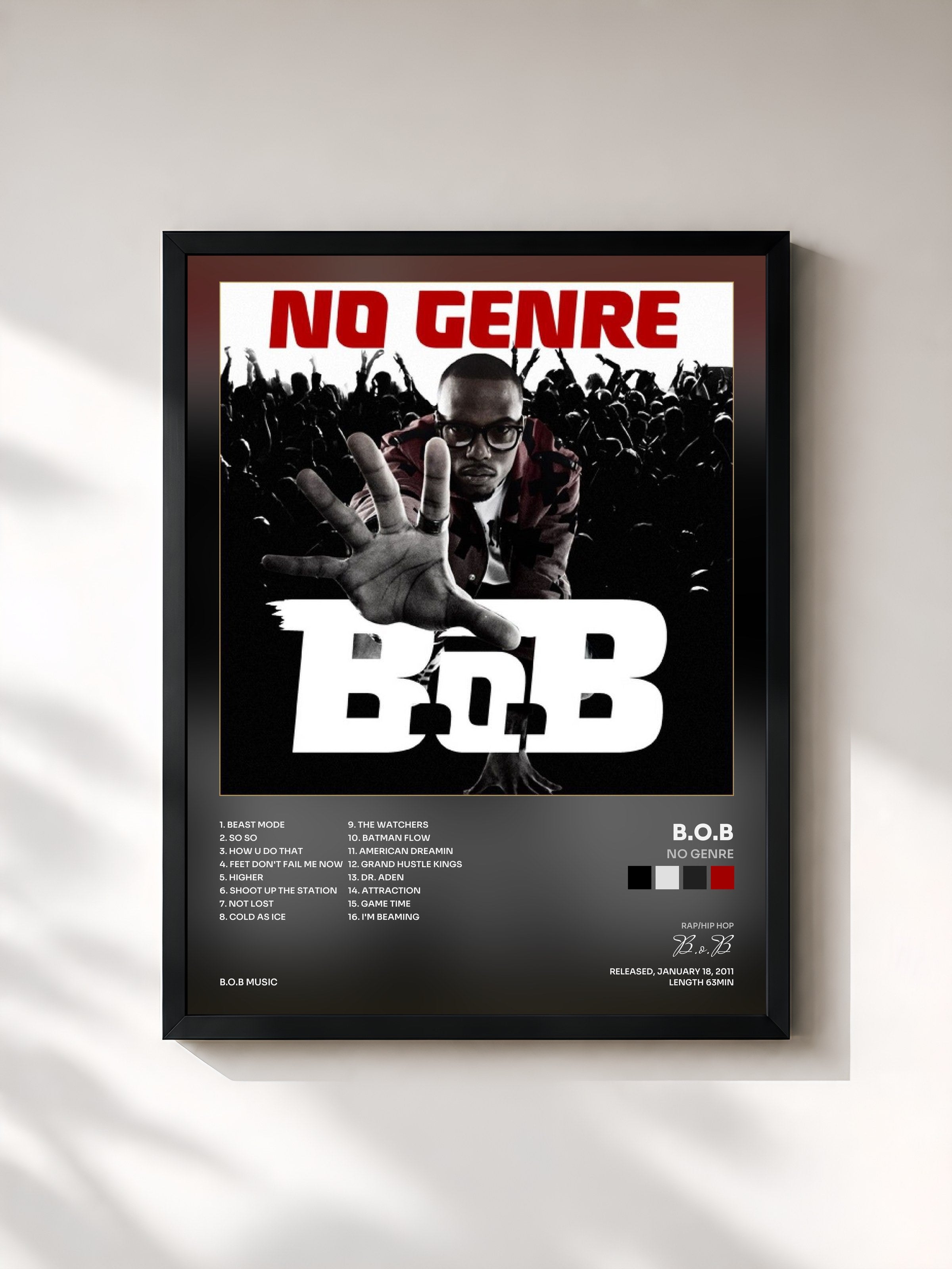 #noir Tableau de l'album No Genre de B.o.B, cadre noir, imprimé et encadré en France