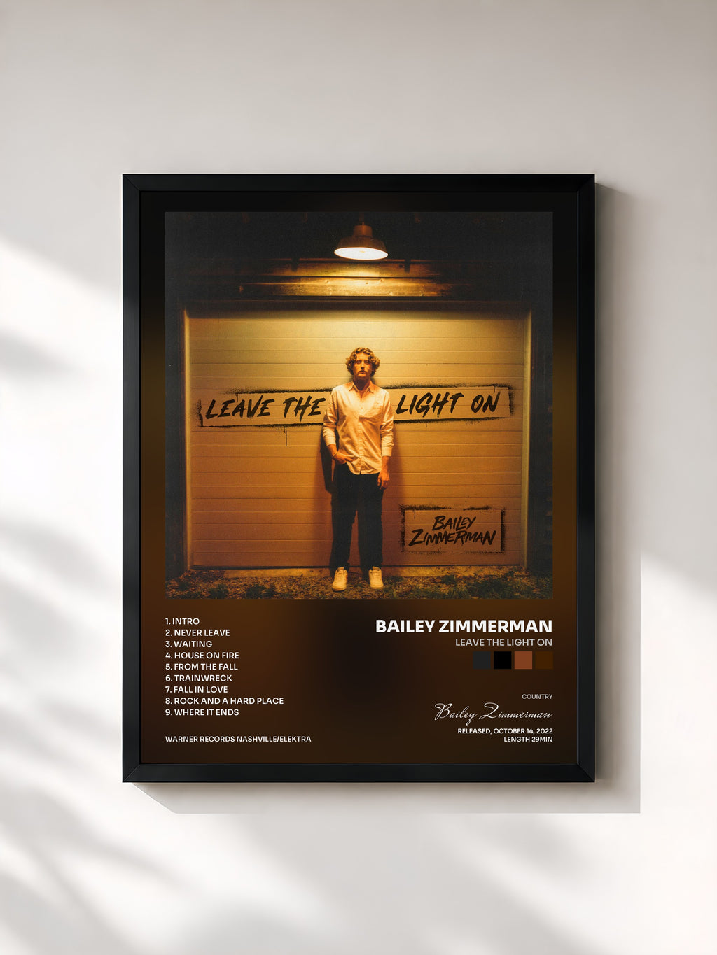 #noir Tableau de l'album Leave The Light On de Bailey Zimmerman, cadre noir, imprimé et encadré en France