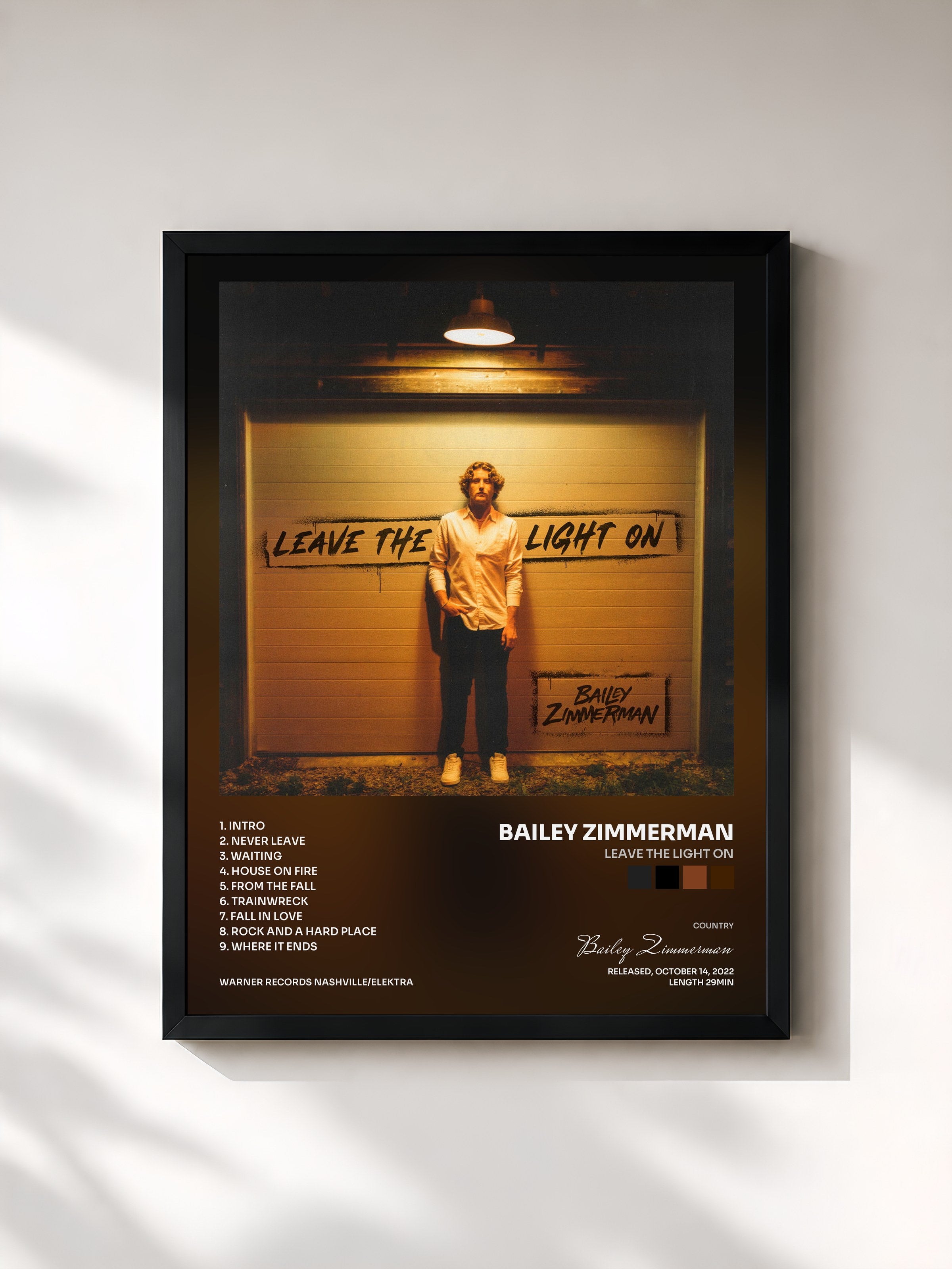 #noir Tableau de l'album Leave The Light On de Bailey Zimmerman, cadre noir, imprimé et encadré en France