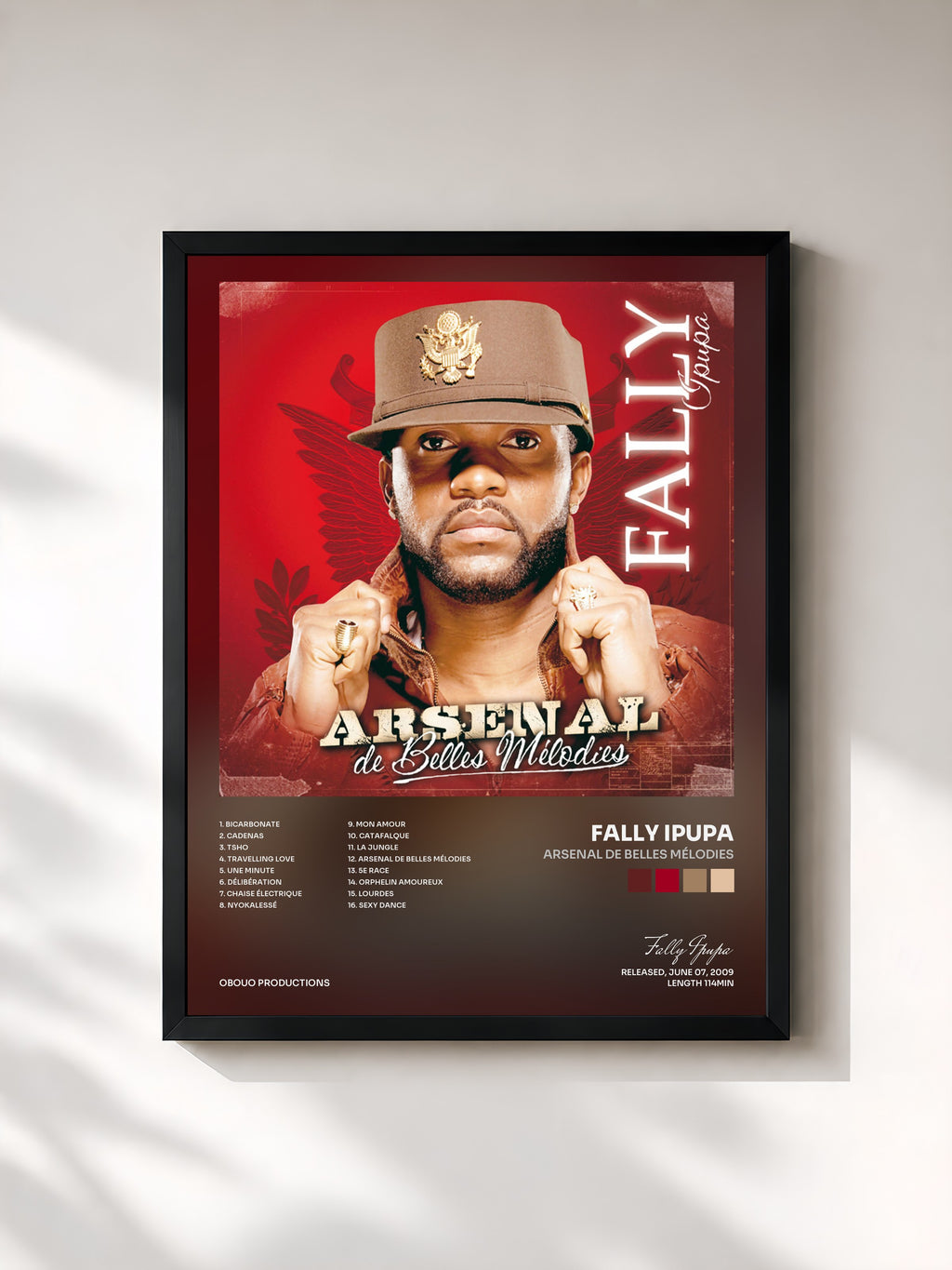 #noir Tableau de l'album Arsenal de belles mélodies de Fally Ipupa, cadre noir, imprimé et encadré en France
