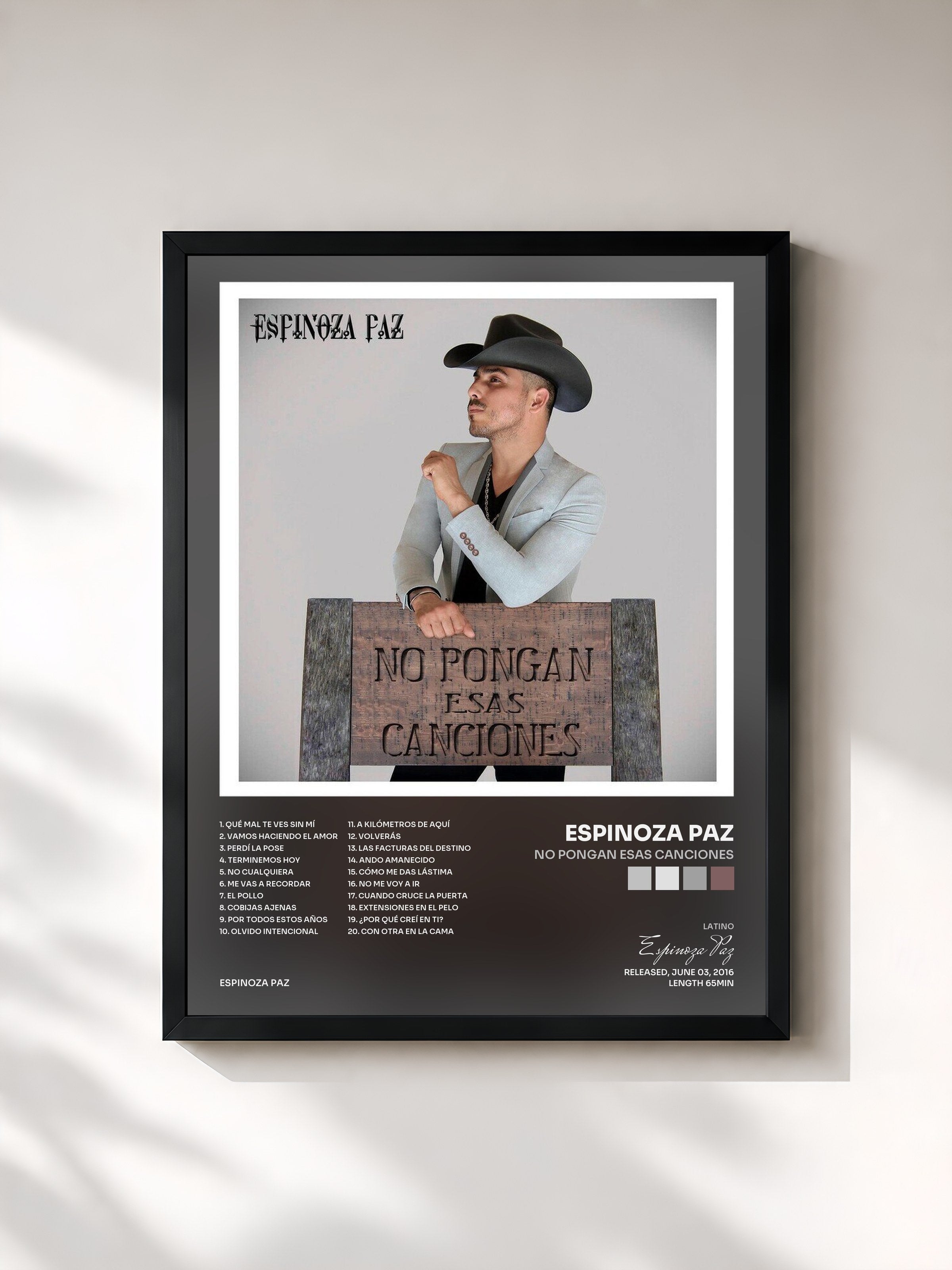 #noir Tableau de l'album No Pongan Esas Canciones de Espinoza Paz, cadre noir, imprimé et encadré en France