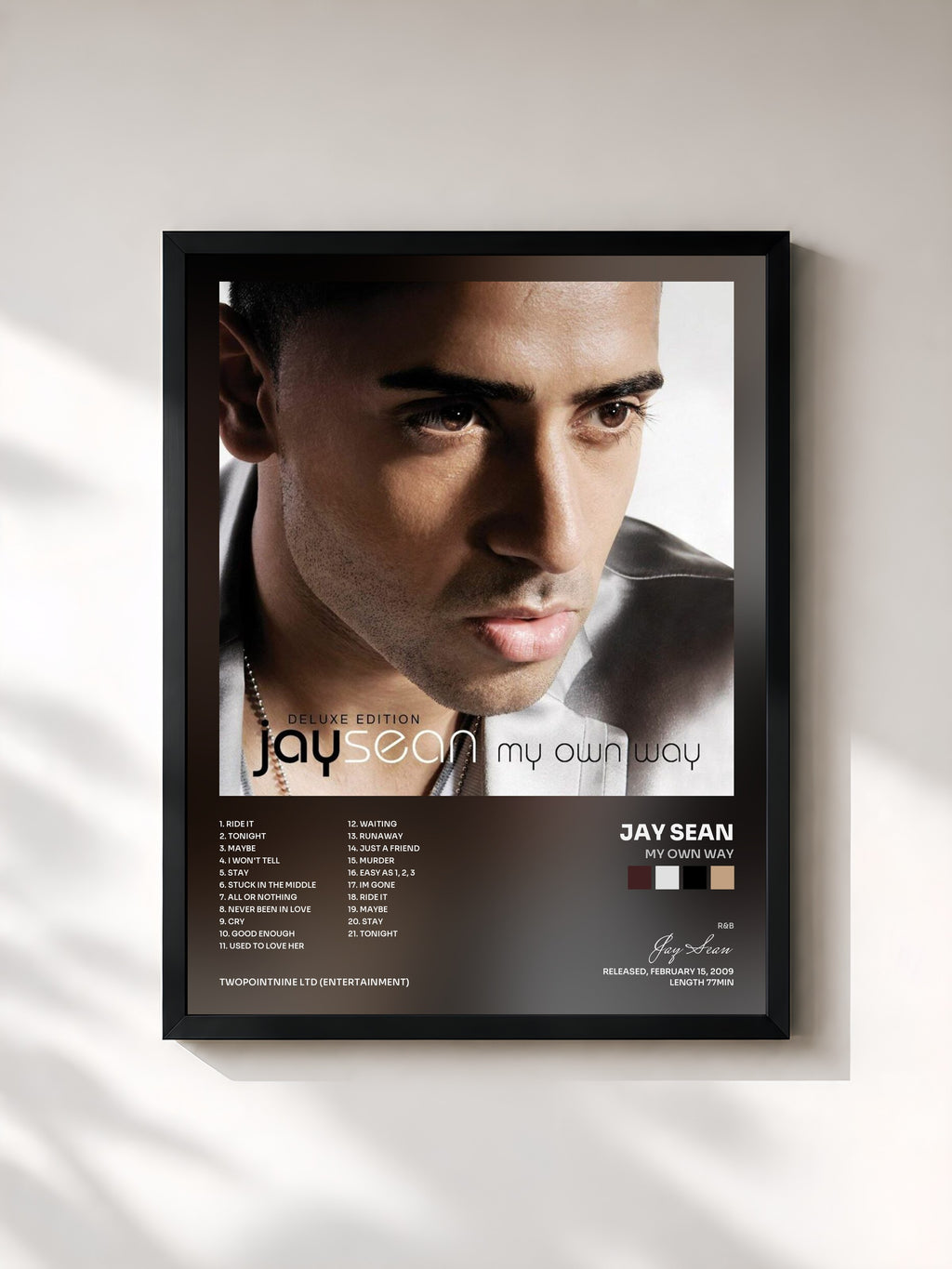 #noir Tableau de l'album My Own Way de Jay Sean, cadre noir, imprimé et encadré en France