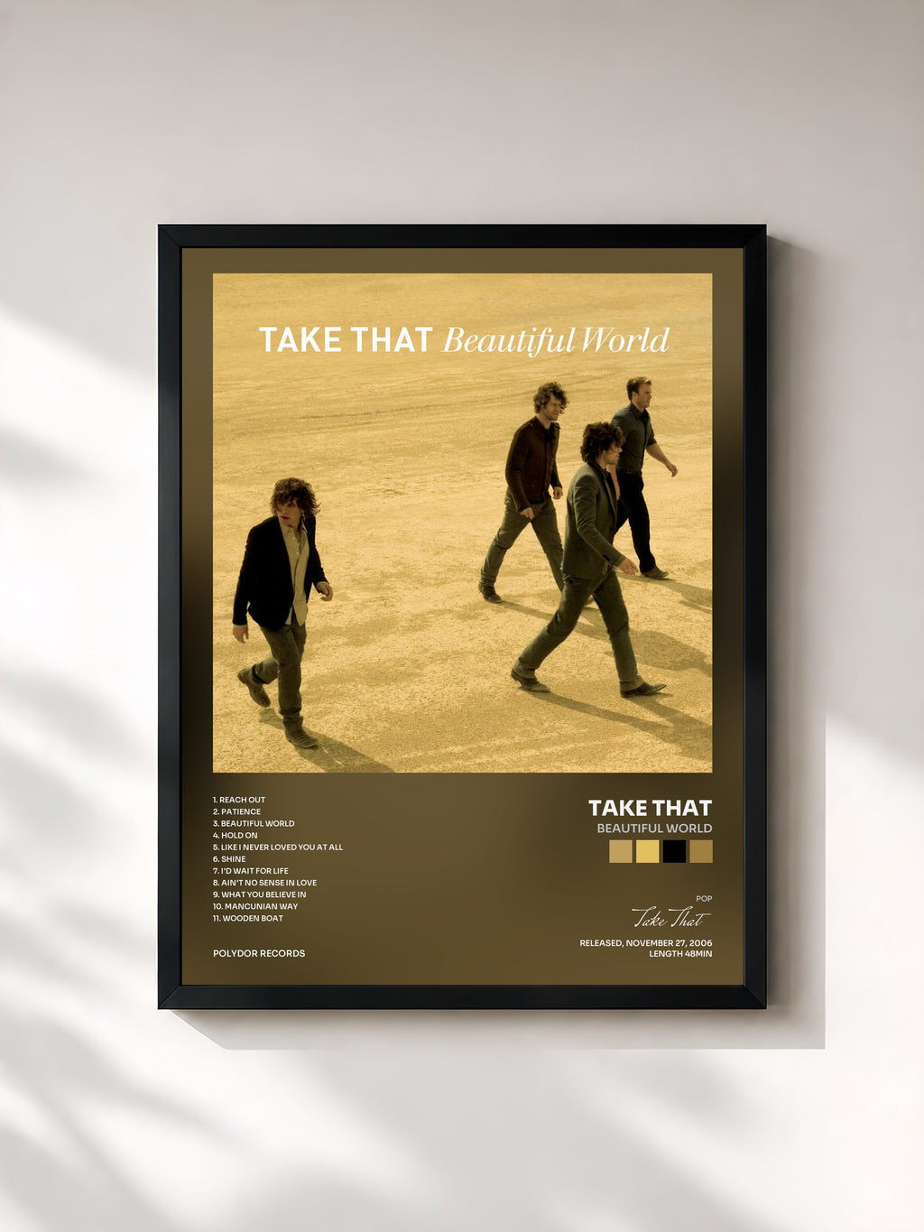 #noir Tableau de l'album Beautiful World de Take That, cadre noir, imprimé et encadré en France