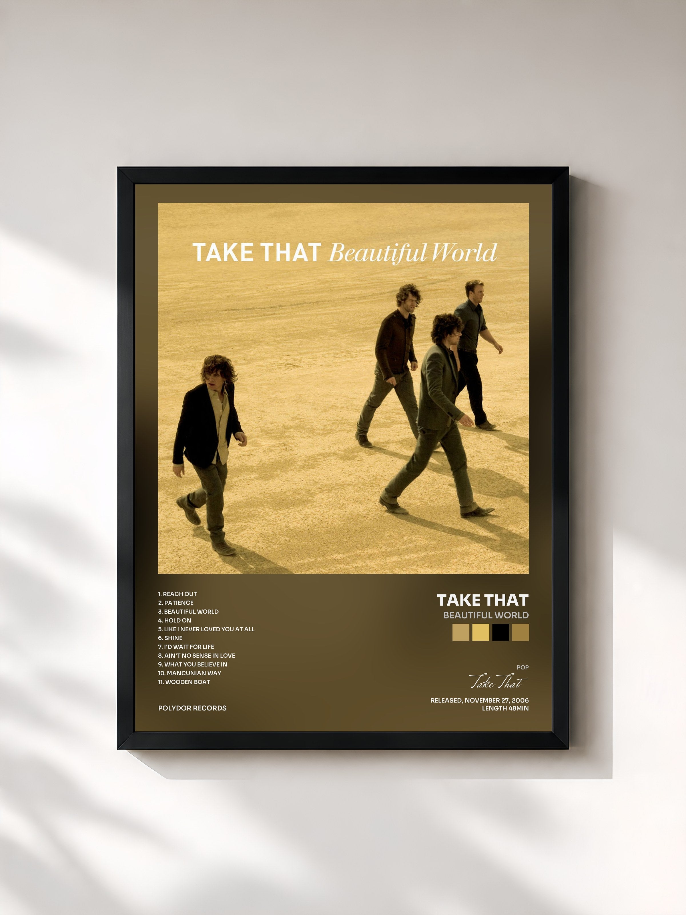 #noir Tableau de l'album Beautiful World de Take That, cadre noir, imprimé et encadré en France