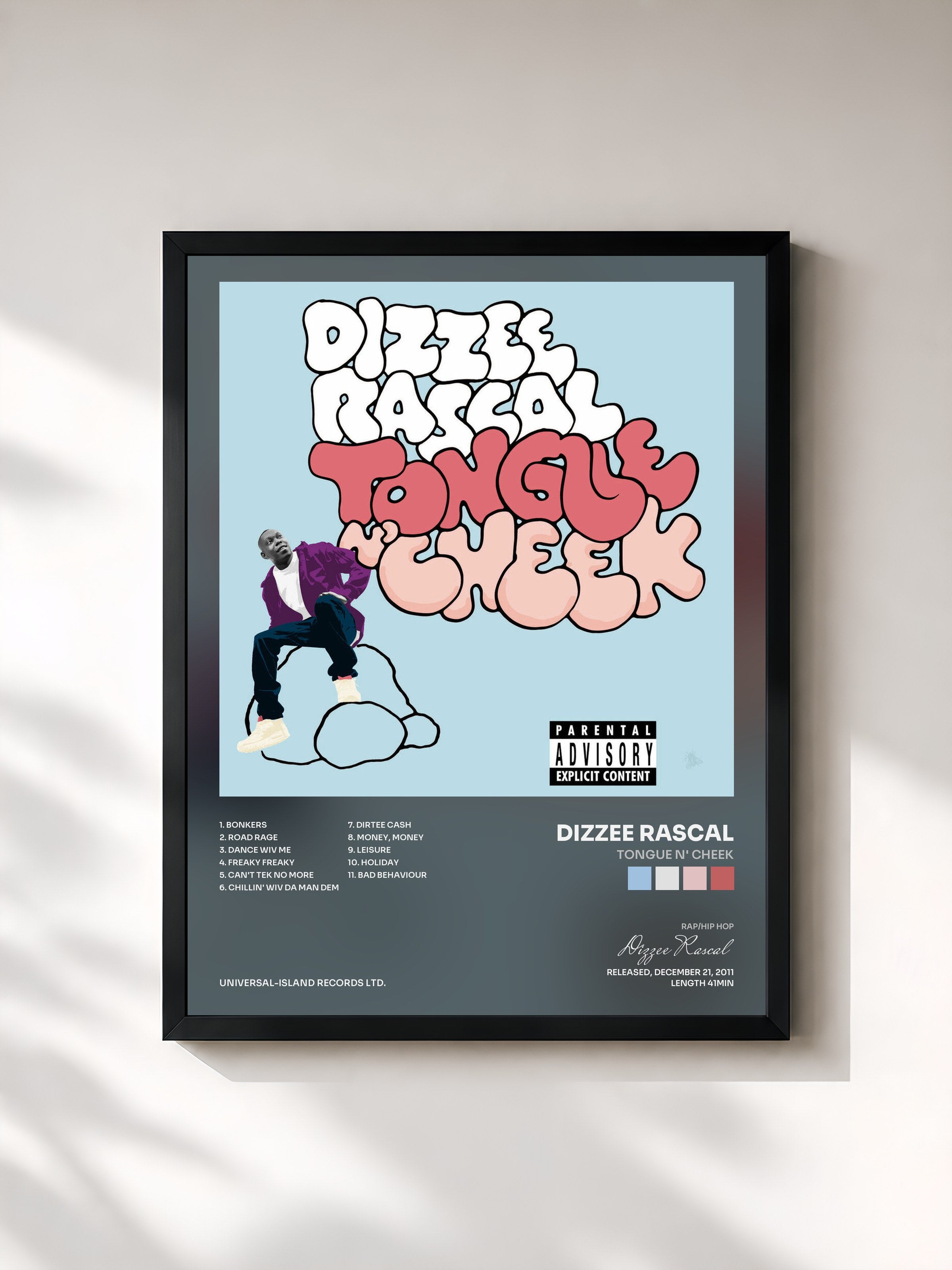 #noir Tableau de l'album Tongue N' Cheek de Dizzee Rascal, cadre noir, imprimé et encadré en France