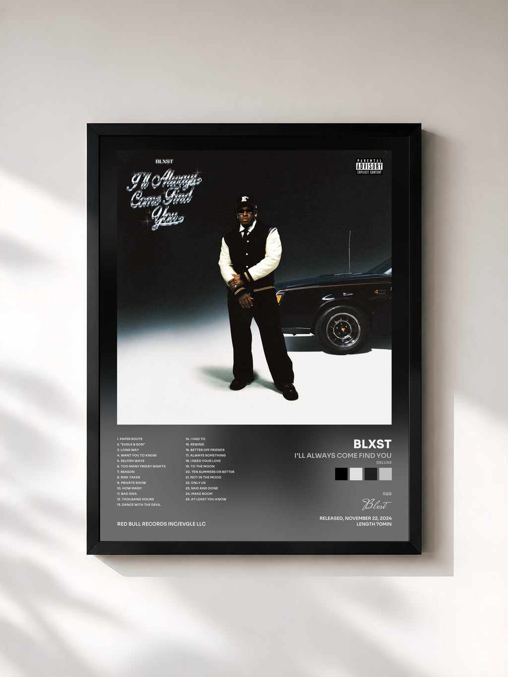#noir Tableau de l'album I'll Always Come Find You (Deluxe) de Blxst, cadre noir, imprimé et encadré en France