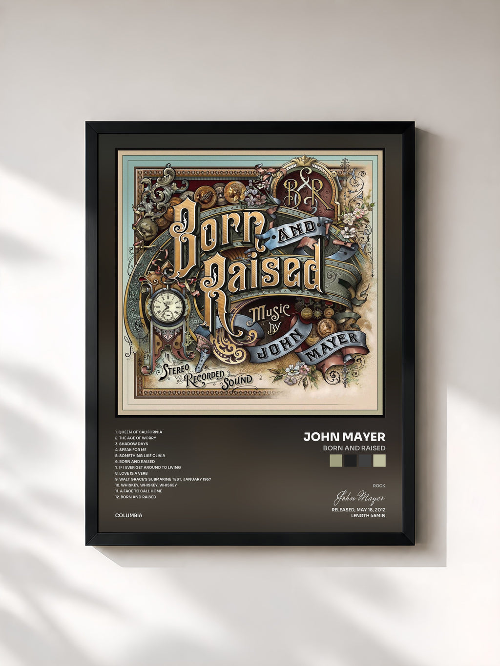 #noir Tableau de l'album Born and Raised de John Mayer, cadre noir, imprimé et encadré en France