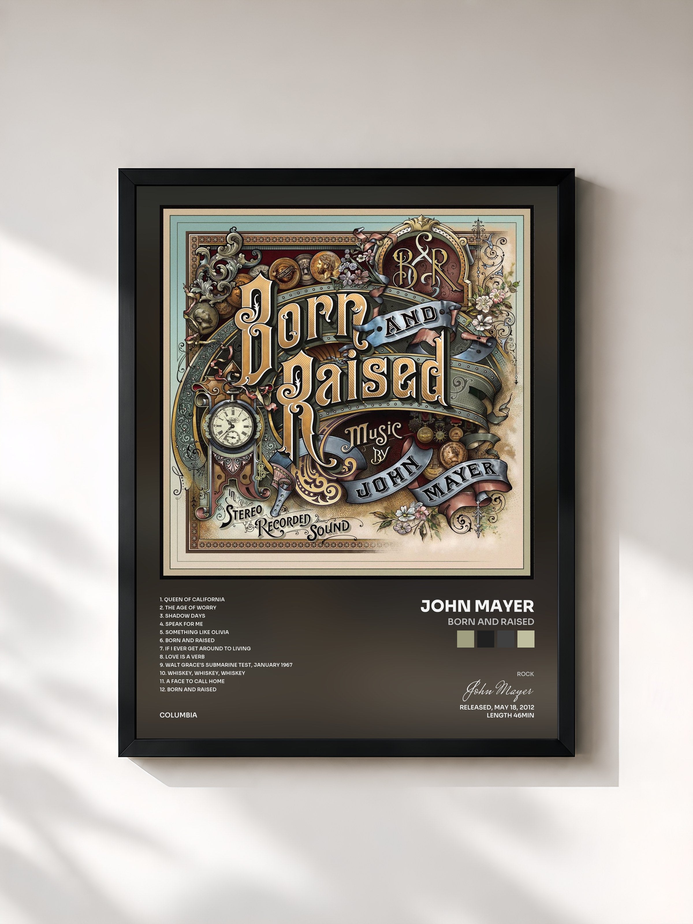 #noir Tableau de l'album Born and Raised de John Mayer, cadre noir, imprimé et encadré en France