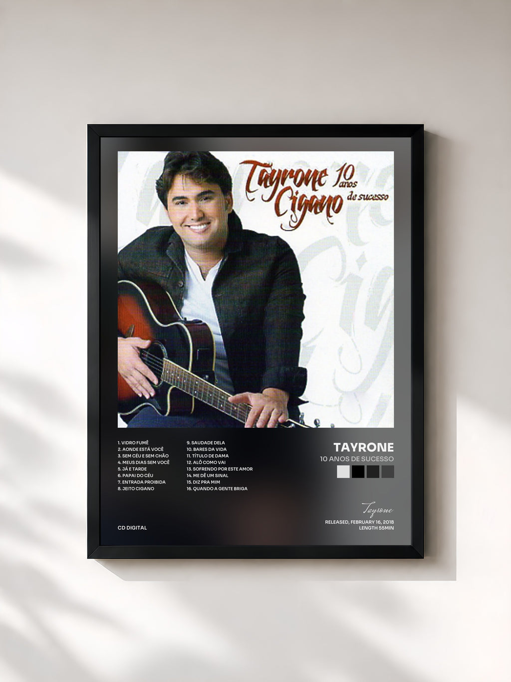 #noir Tableau de l'album 10 Anos de Sucesso de Tayrone, cadre noir, imprimé et encadré en France