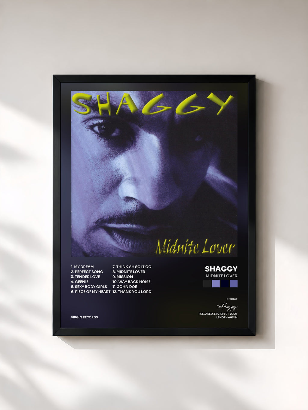 #noir Tableau de l'album Midnite Lover de Shaggy, cadre noir, imprimé et encadré en France