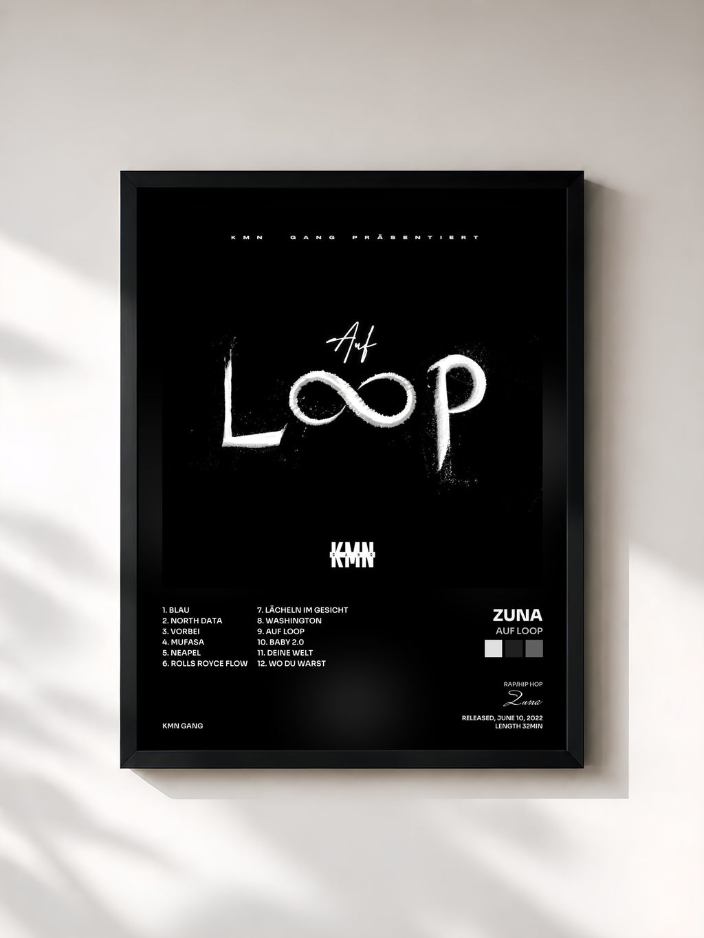 #noir Tableau de l'album Auf Loop de Zuna, cadre noir, imprimé et encadré en France