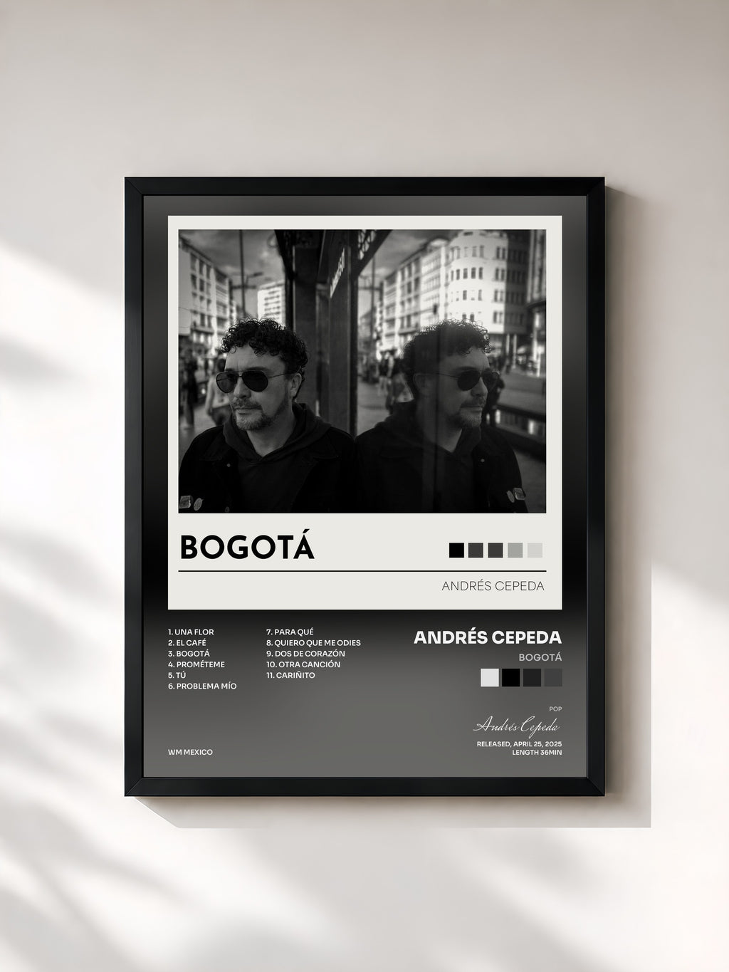 #noir Tableau de l'album BOGOTÁ de Andrés Cepeda, cadre noir, imprimé et encadré en France