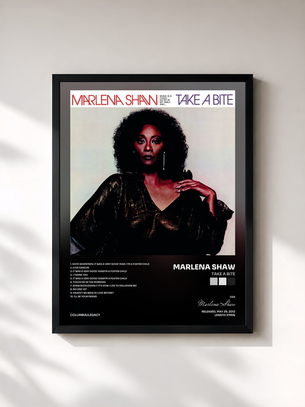 #noir Tableau de l'album Take A Bite de Marlena Shaw, cadre noir, imprimé et encadré en France