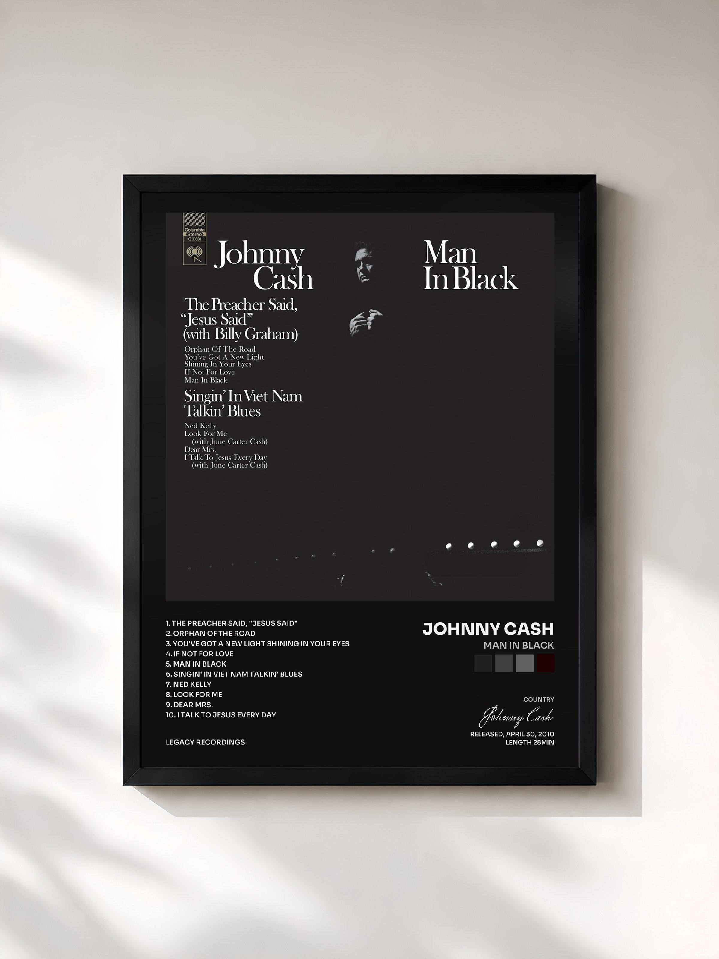 #noir Tableau de l'album Man In Black de Johnny Cash, cadre noir, imprimé et encadré en France