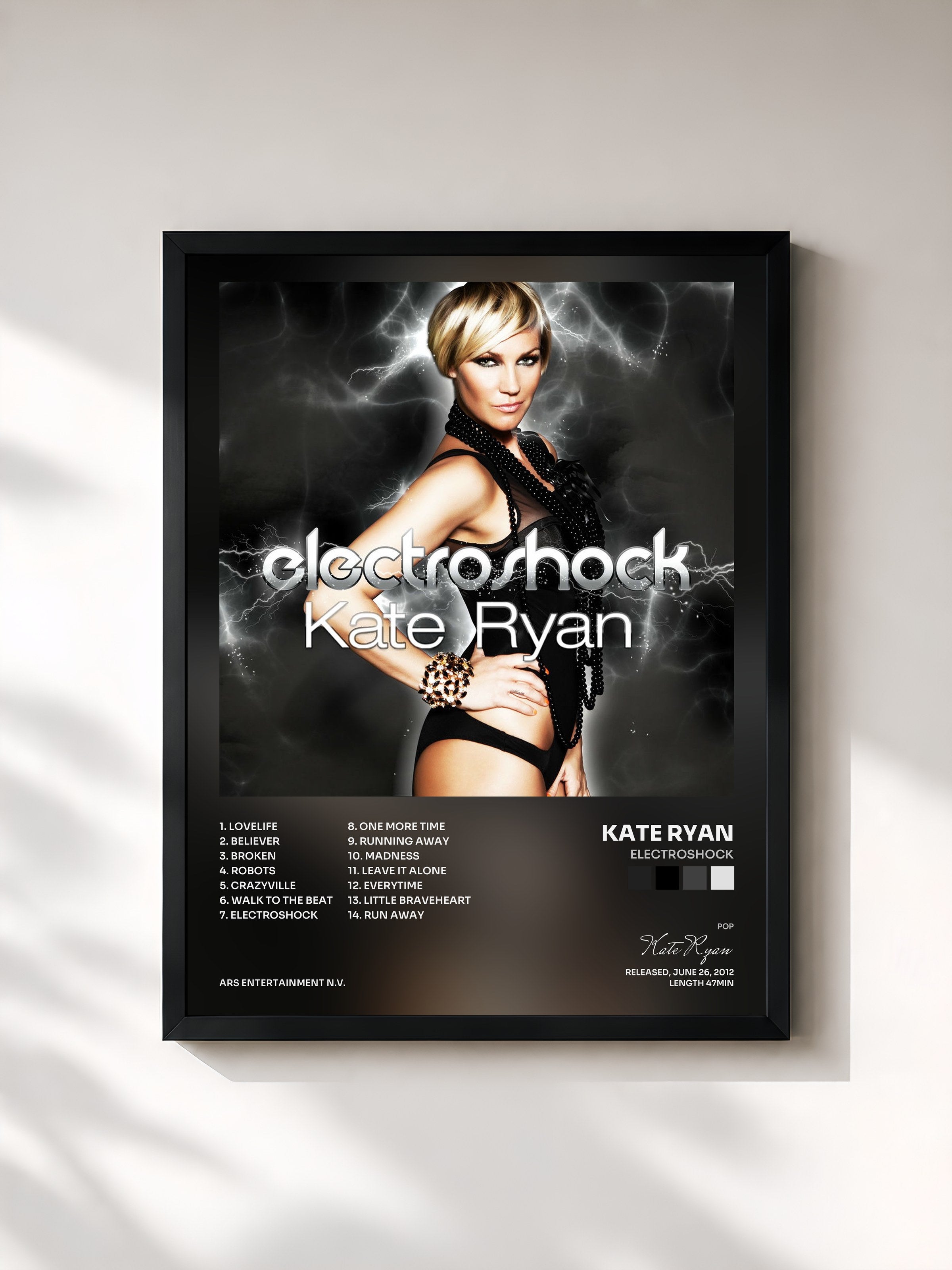#noir Tableau de l'album Electroshock de Kate Ryan, cadre noir, imprimé et encadré en France