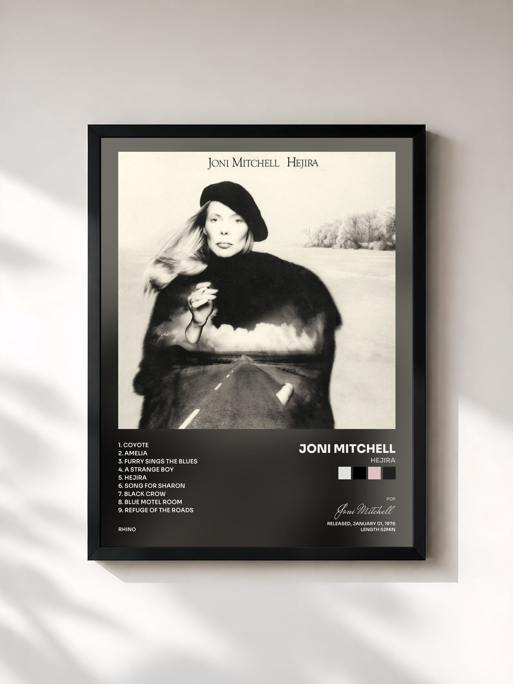 #noir Tableau de l'album Hejira de Joni Mitchell, cadre noir, imprimé et encadré en France
