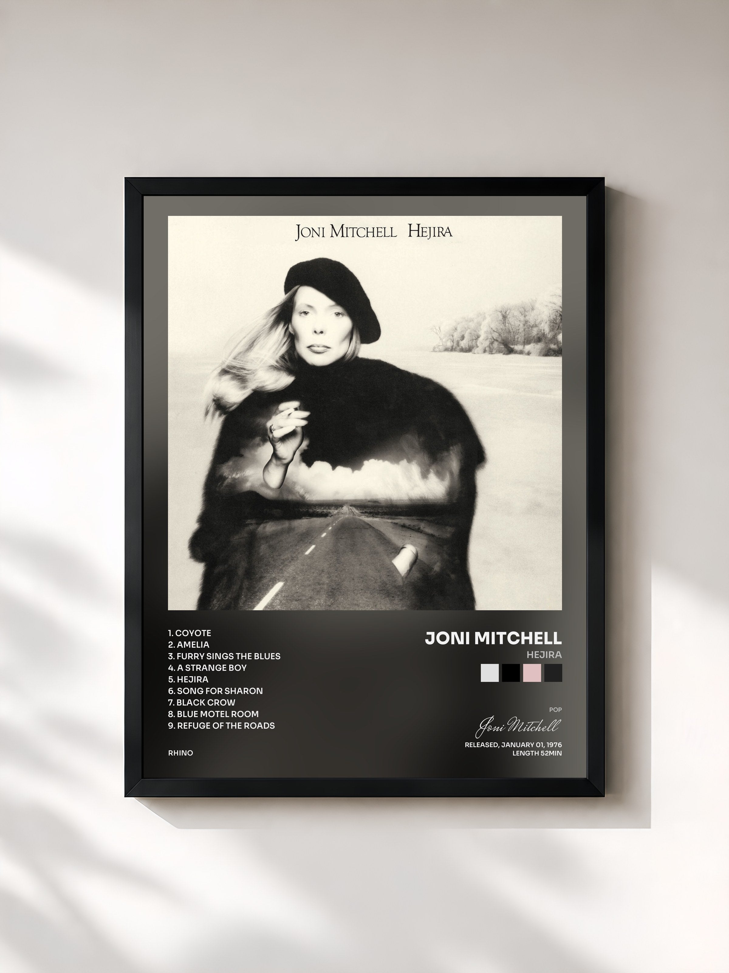 #noir Tableau de l'album Hejira de Joni Mitchell, cadre noir, imprimé et encadré en France