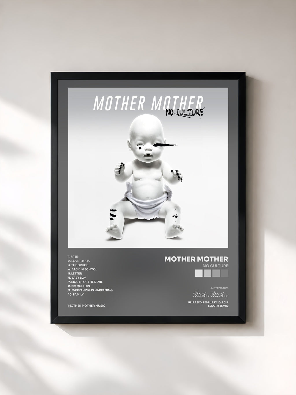 #noir Tableau de l'album No Culture de Mother Mother, cadre noir, imprimé et encadré en France
