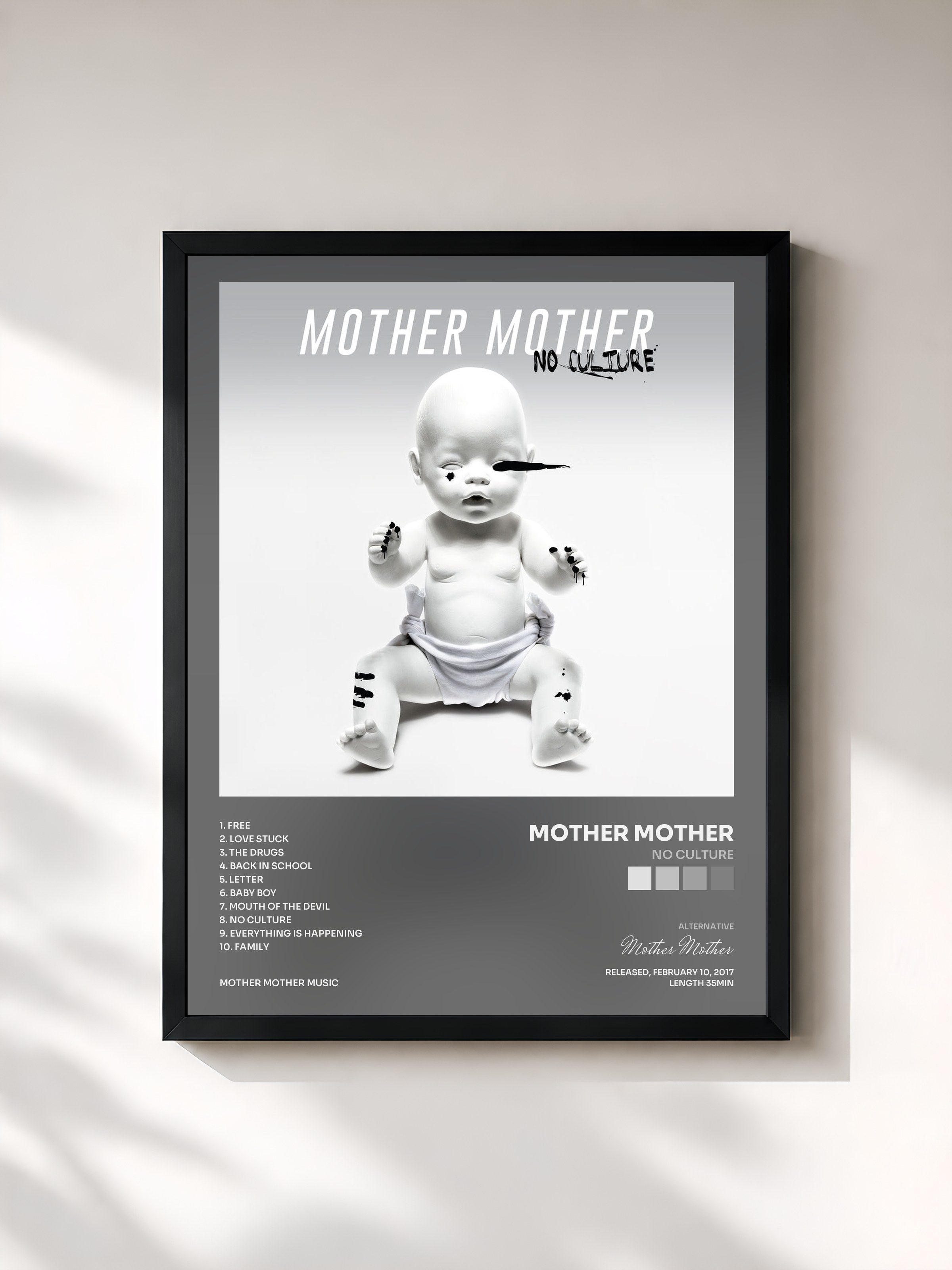 #noir Tableau de l'album No Culture de Mother Mother, cadre noir, imprimé et encadré en France