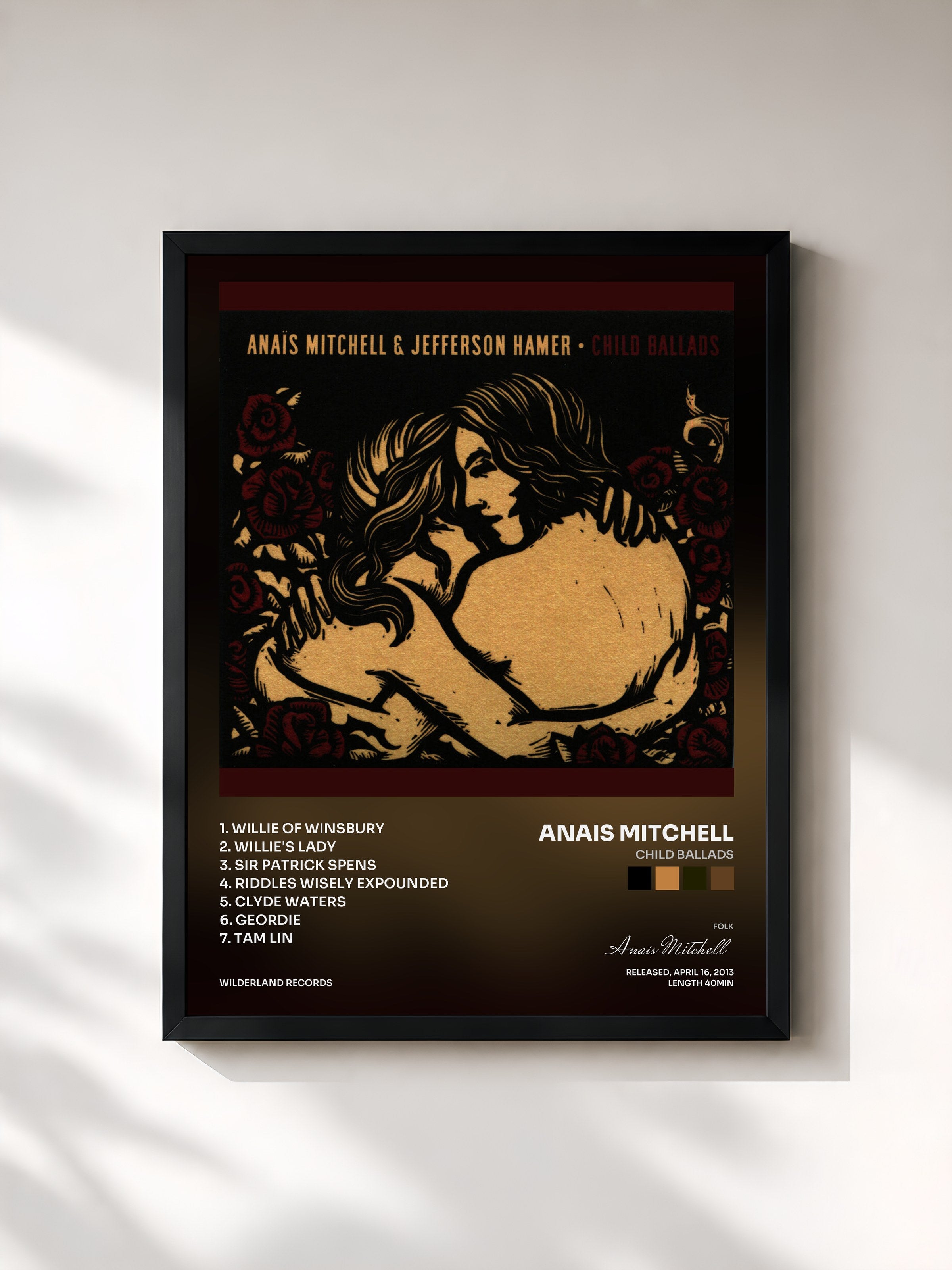 #noir Tableau de l'album Child Ballads de Anais Mitchell, cadre noir, imprimé et encadré en France