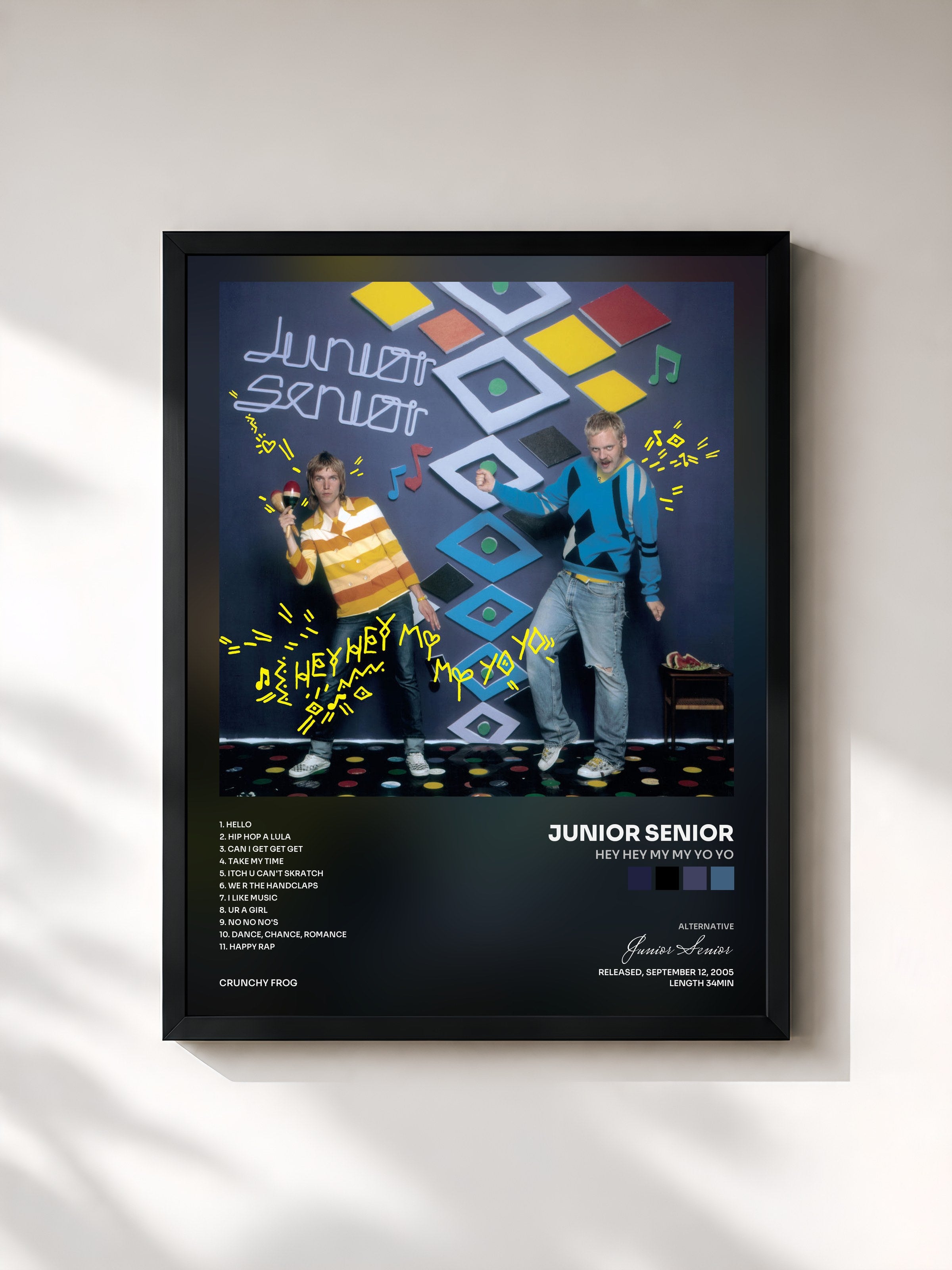 #noir Tableau de l'album Hey Hey My My Yo Yo de Junior Senior, cadre noir, imprimé et encadré en France