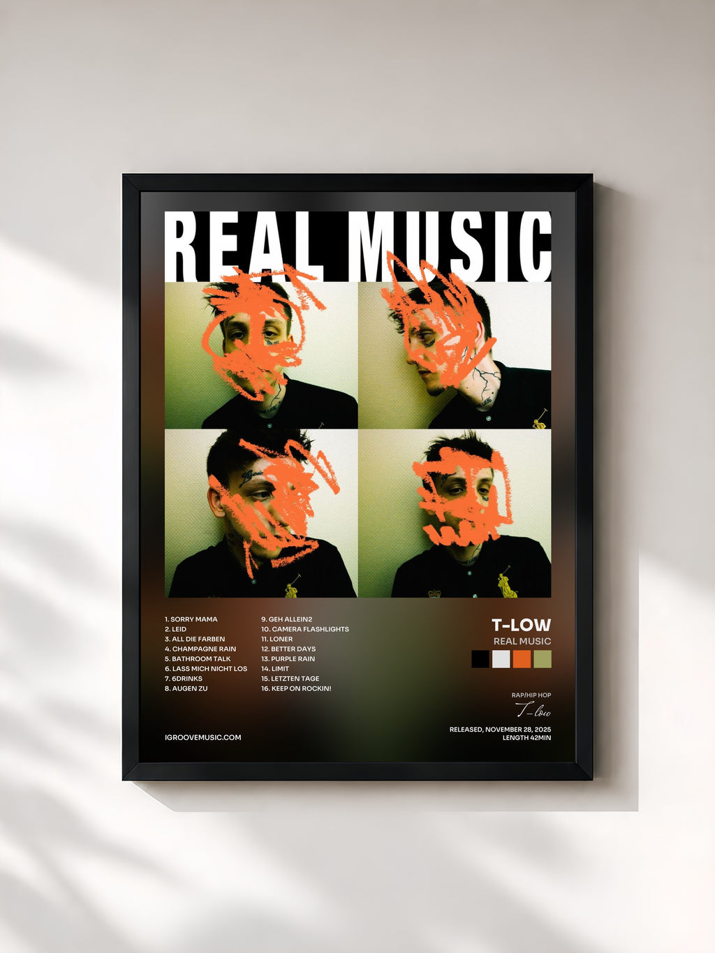 #noir Tableau de l'album REAL MUSIC de T-low, cadre noir, imprimé et encadré en France