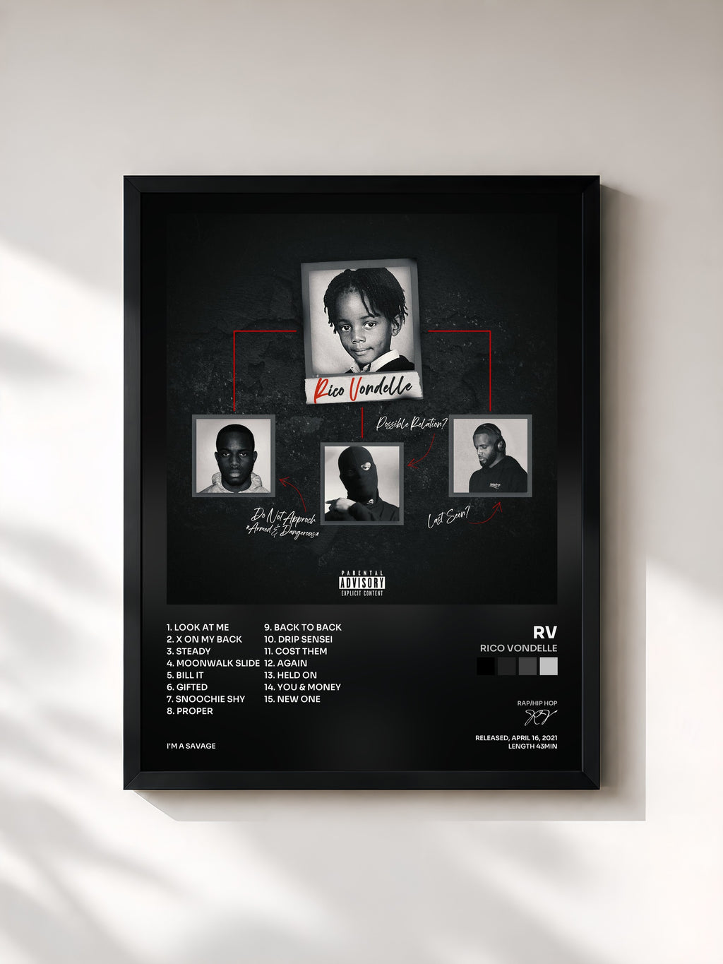 #noir Tableau de l'album Rico Vondelle de RV, cadre noir, imprimé et encadré en France