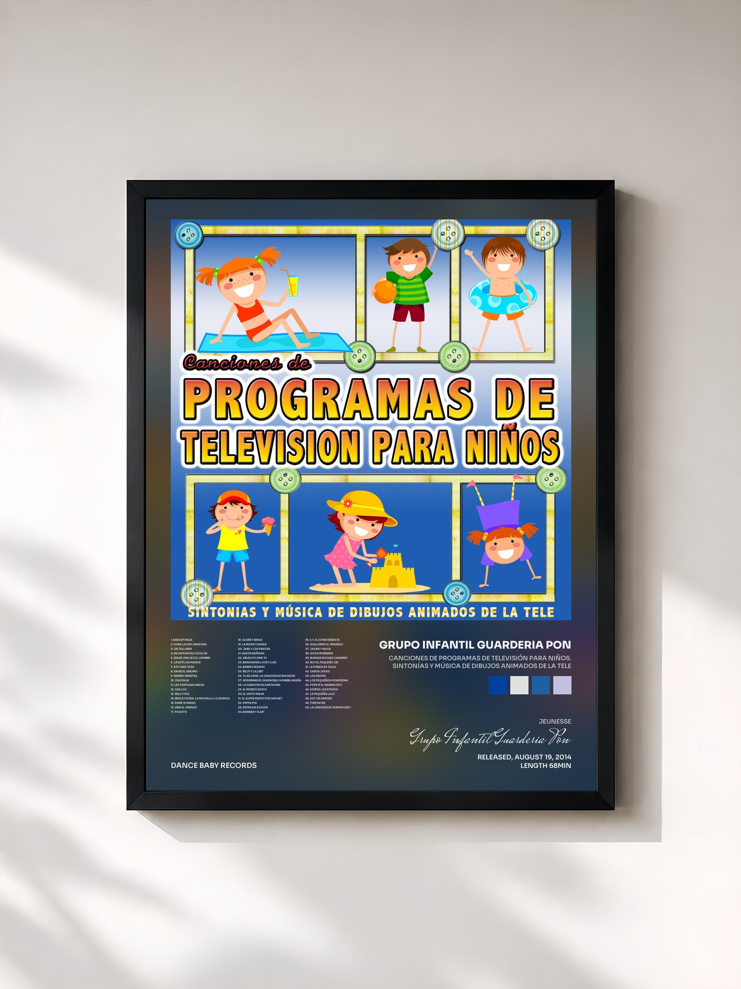 #noir Tableau de l'album Canciones de Programas de Televisión para Niños. Sintonías y Música de Dibujos Animados de la Tele de Grupo Infantil Guarderia Pon, cadre noir, imprimé et encadré en France