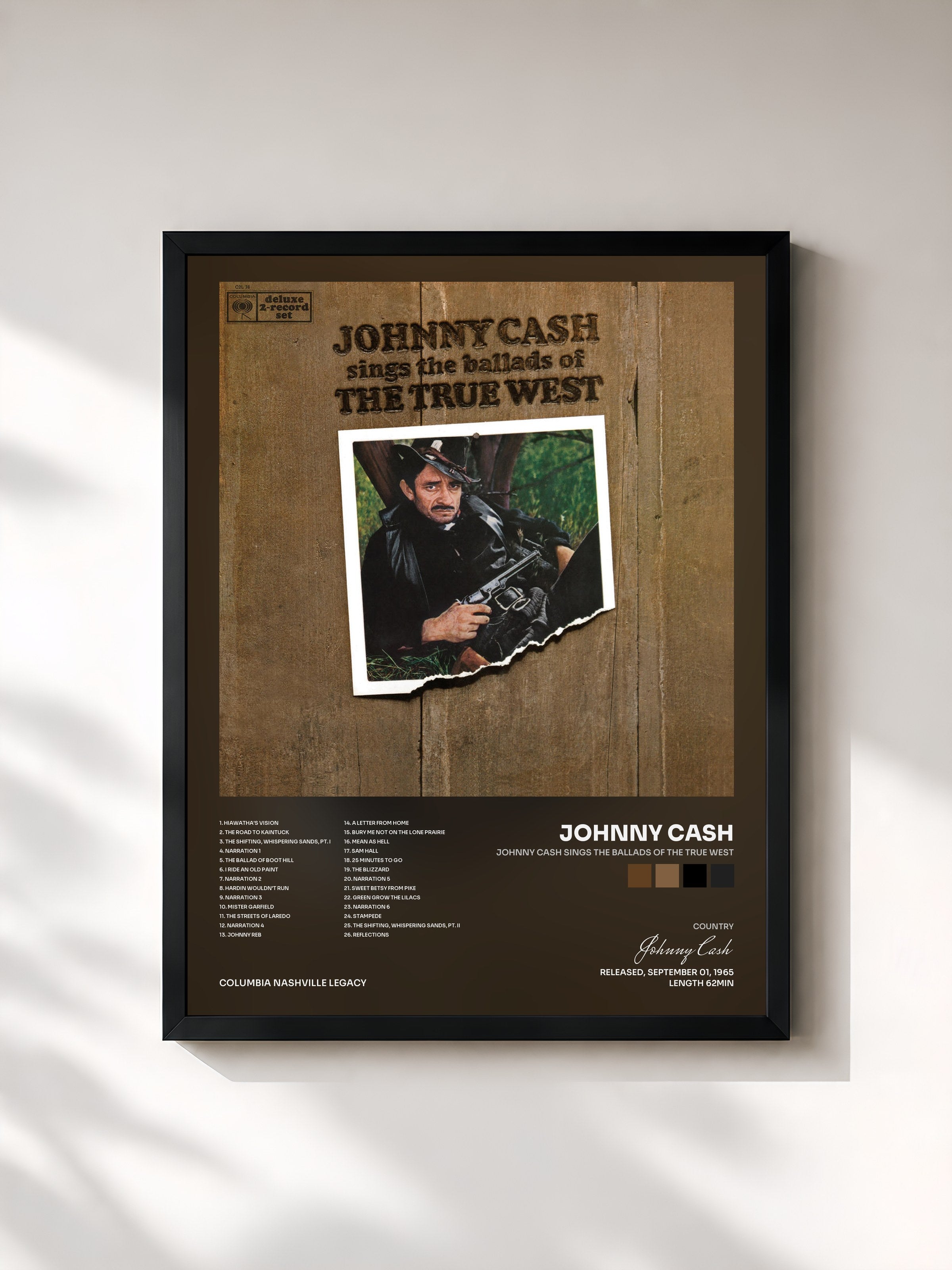 #noir Tableau de l'album Johnny Cash Sings The Ballads Of The True West de Johnny Cash, cadre noir, imprimé et encadré en France