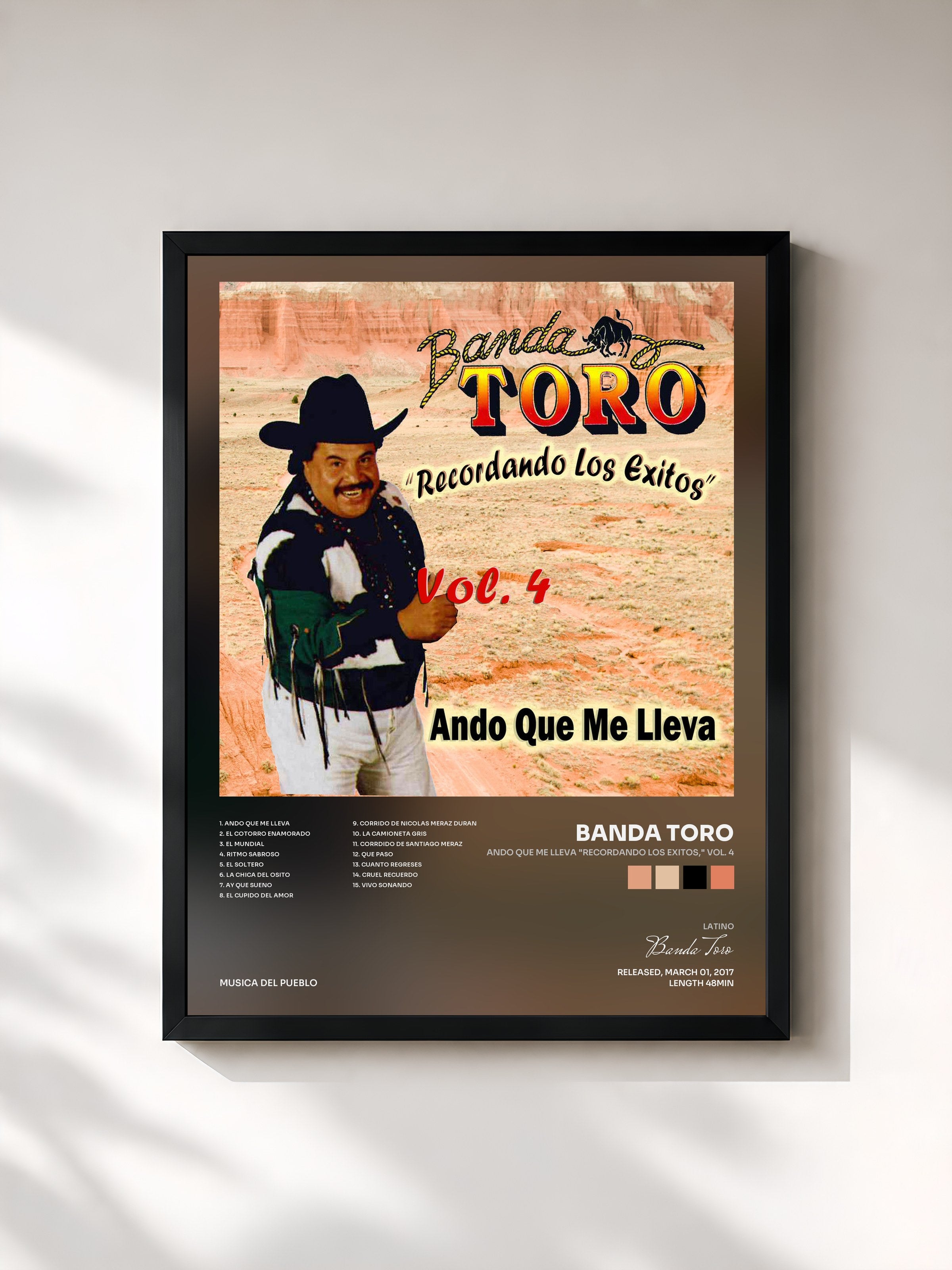 #noir Tableau de l'album Ando Que Me Lleva "Recordando los Exitos," Vol. 4 de Banda Toro, cadre noir, imprimé et encadré en France