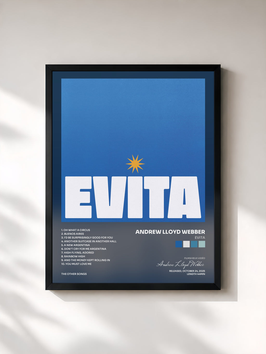 #noir Tableau de l'album EVITA de Andrew Lloyd Webber, cadre noir, imprimé et encadré en France