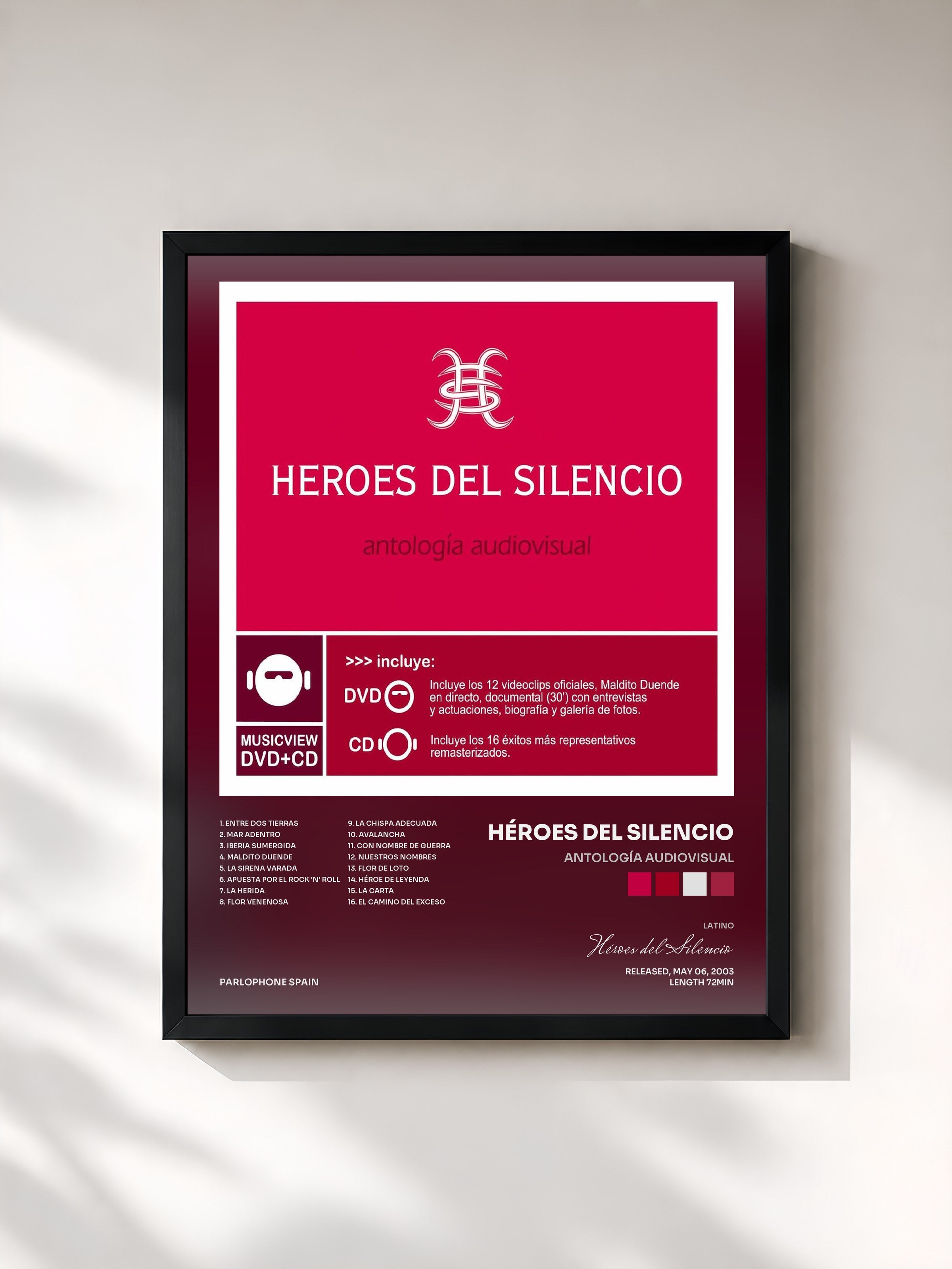 #noir Tableau de l'album Antología Audiovisual de Héroes del Silencio, cadre noir, imprimé et encadré en France
