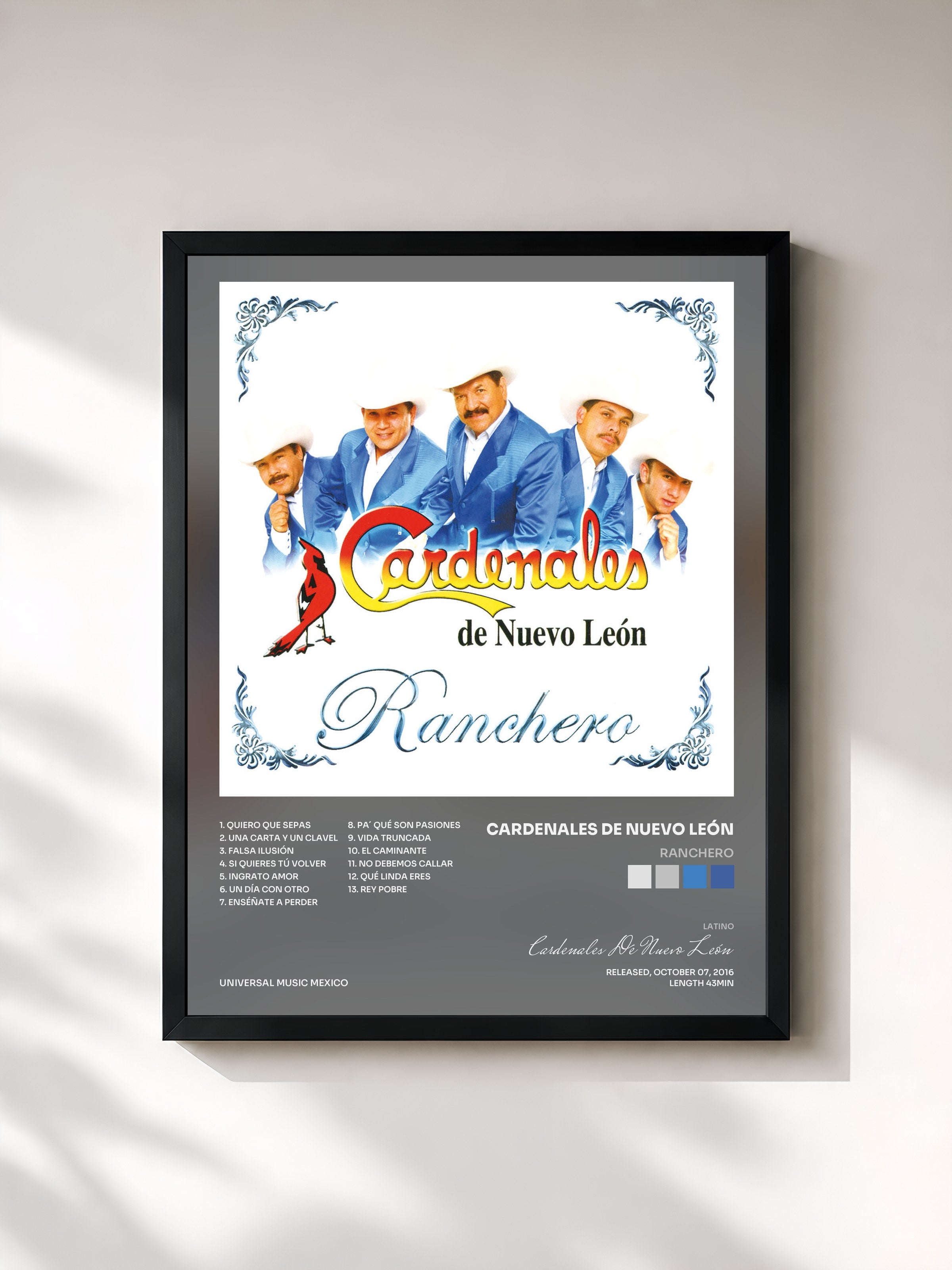 #noir Tableau de l'album Ranchero de Cardenales De Nuevo León, cadre noir, imprimé et encadré en France