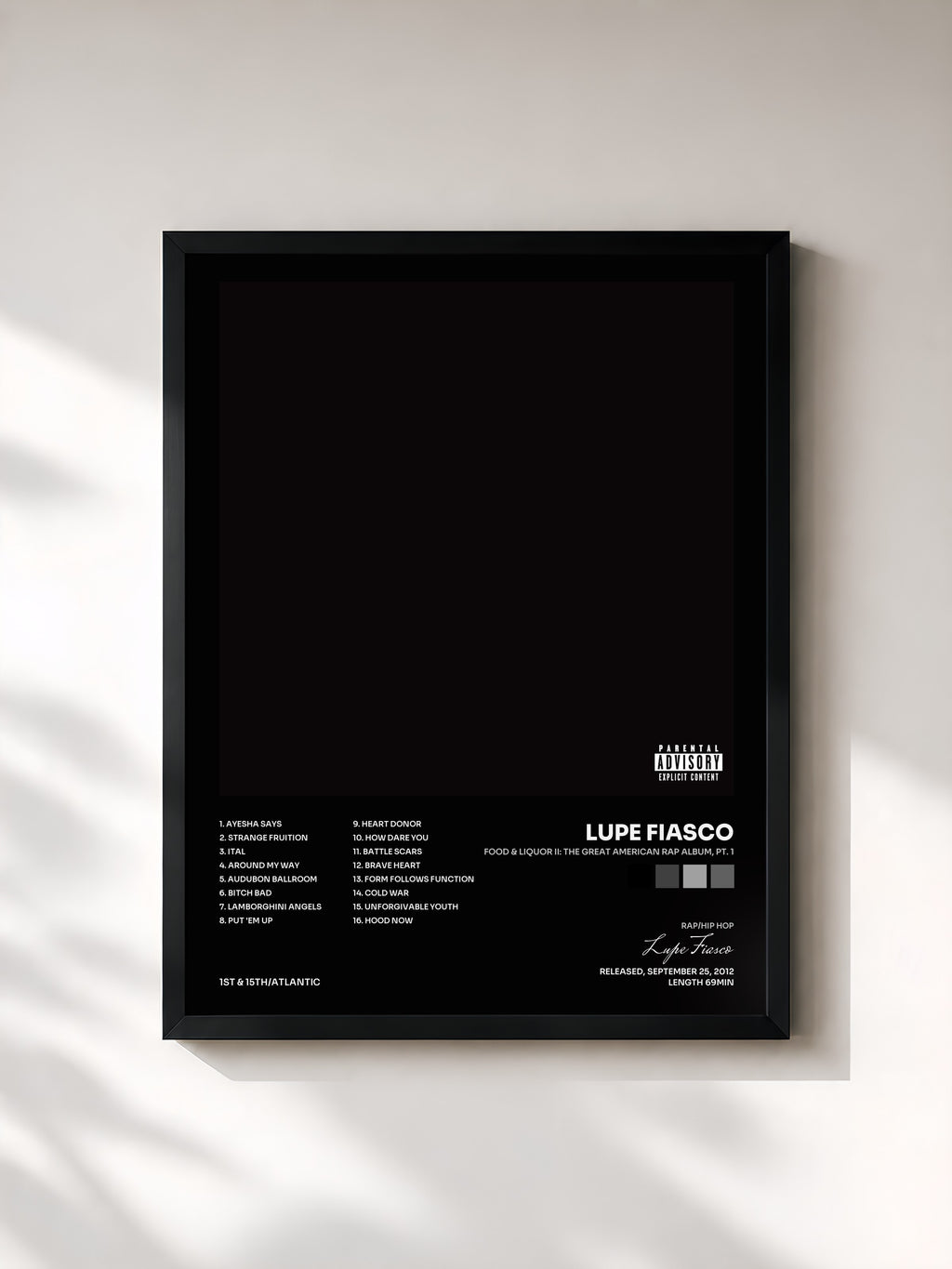 #noir Food & Liquor II: The Great American Rap Album, Pt. 1 de Lupe Fiasco en lámina enmarcada, marco negro, impresa y enmarcada en Francia