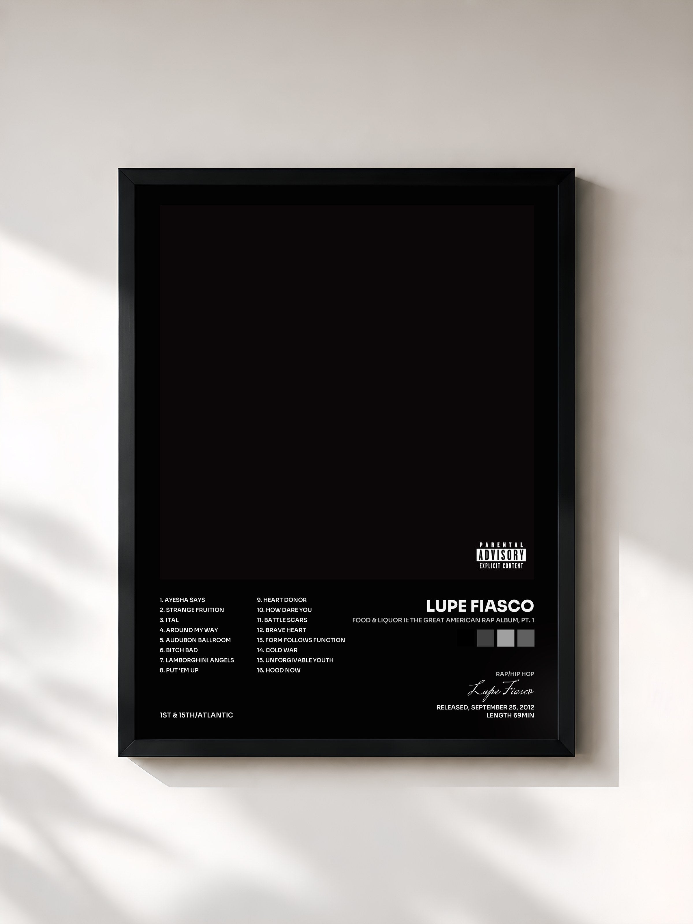 #noir Tableau de l'album Food & Liquor II: The Great American Rap Album, Pt. 1 de Lupe Fiasco, cadre noir, imprimé et encadré en France