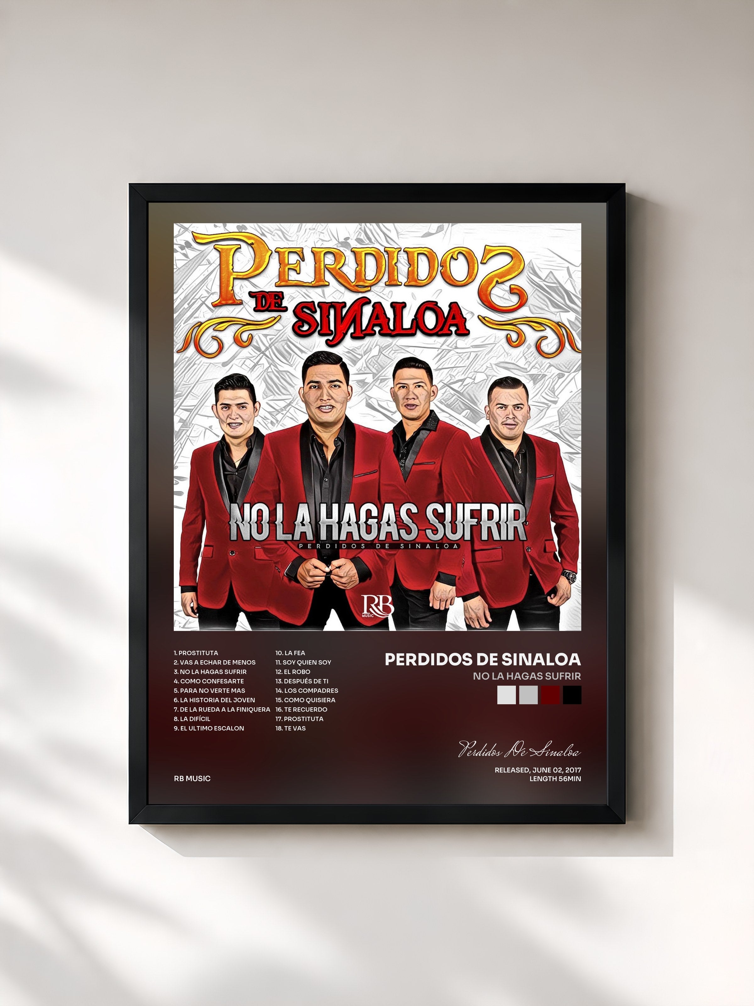 #noir Tableau de l'album No La Hagas Sufrir de Perdidos De Sinaloa, cadre noir, imprimé et encadré en France