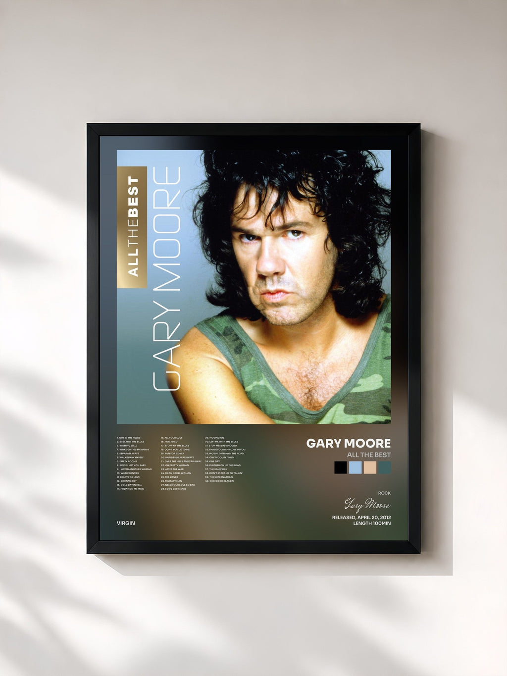 #noir Tableau de l'album All The Best de Gary Moore, cadre noir, imprimé et encadré en France