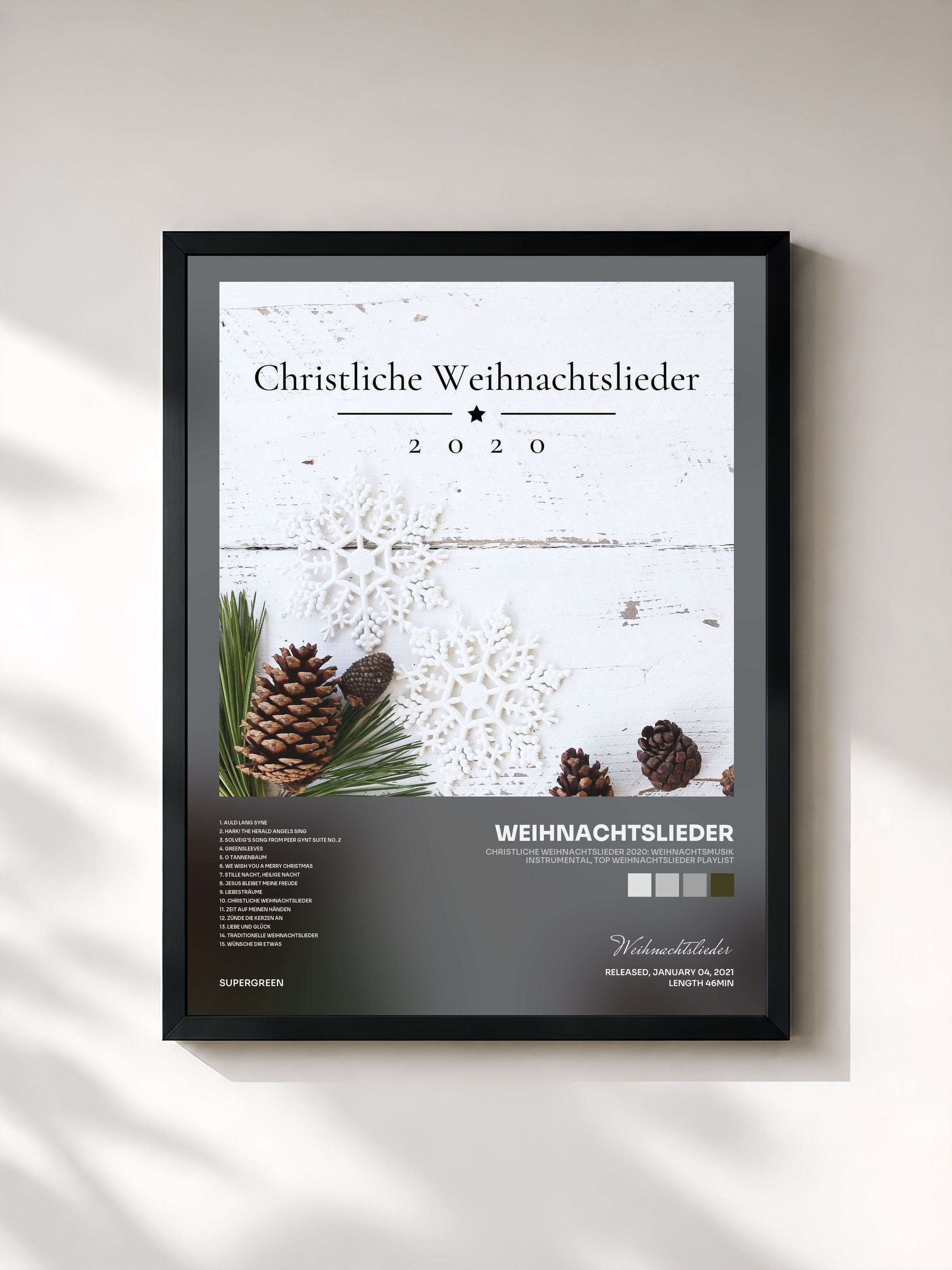 #noir Tableau de l'album Christliche Weihnachtslieder 2020: Weihnachtsmusik Instrumental, Top Weihnachtslieder Playlist de Weihnachtslieder, cadre noir, imprimé et encadré en France
