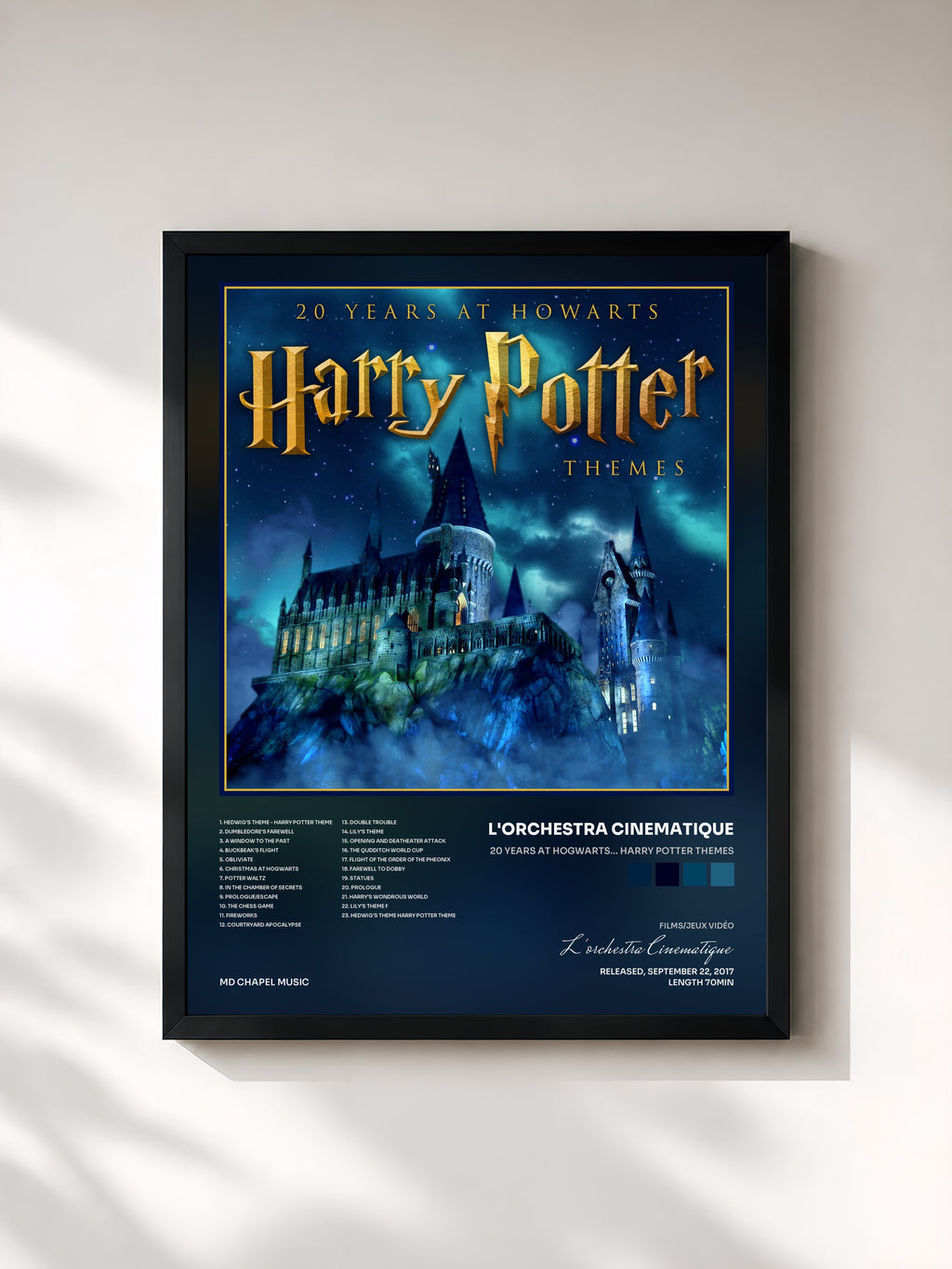 #noir Tableau de l'album 20 Years at Hogwarts… Harry Potter Themes de L'orchestra Cinematique, cadre noir, imprimé et encadré en France
