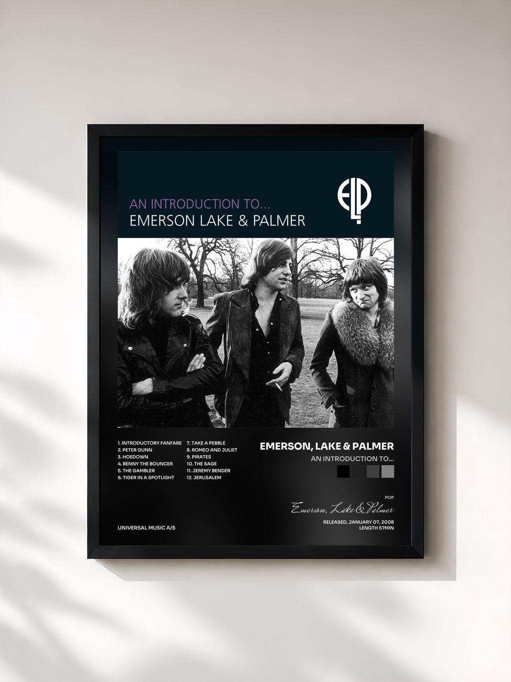 #noir Tableau de l'album An Introduction To... de Emerson, Lake & Palmer, cadre noir, imprimé et encadré en France