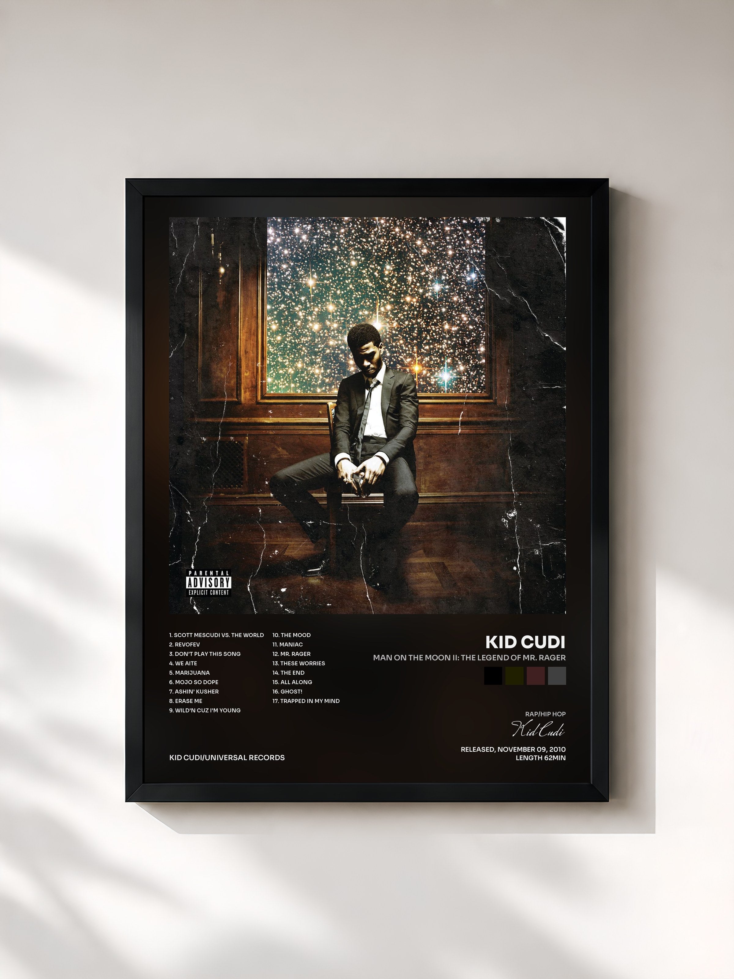 #noir Tableau de l'album Man On The Moon II: The Legend Of Mr. Rager de Kid Cudi, cadre noir, imprimé et encadré en France