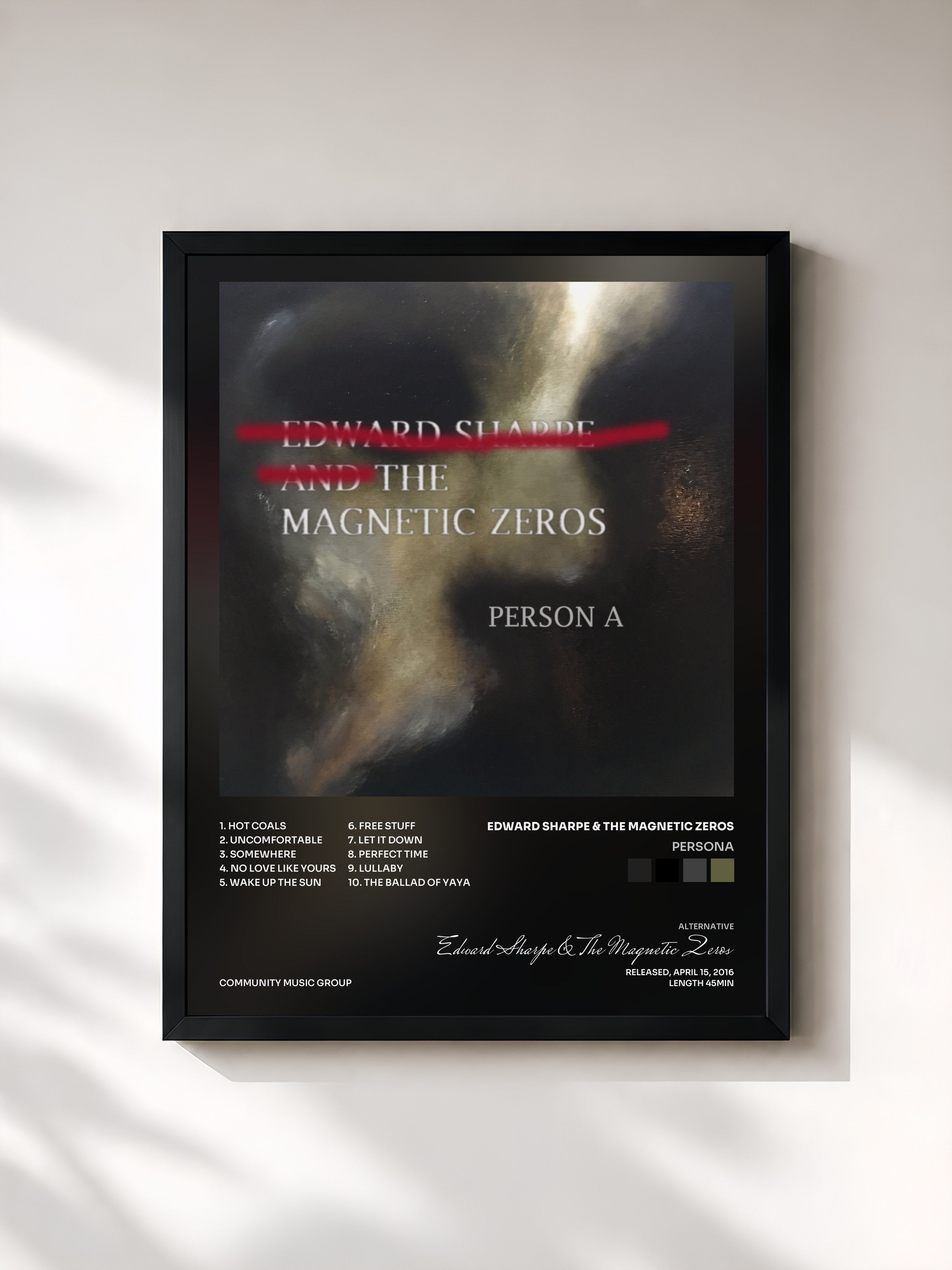 #noir Tableau de l'album PersonA de Edward Sharpe & The Magnetic Zeros, cadre noir, imprimé et encadré en France