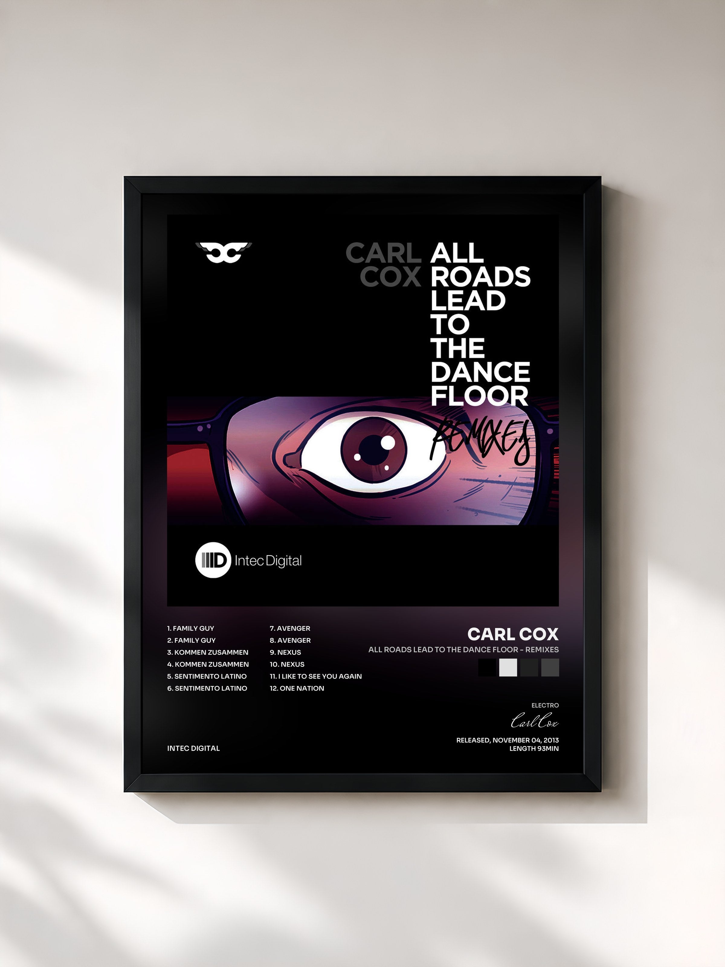 #noir Tableau de l'album All Roads Lead to the Dance Floor - Remixes de Carl Cox, cadre noir, imprimé et encadré en France