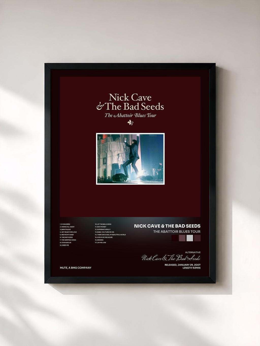 #noir Tableau de l'album The Abattoir Blues Tour de Nick Cave & The Bad Seeds, cadre noir, imprimé et encadré en France