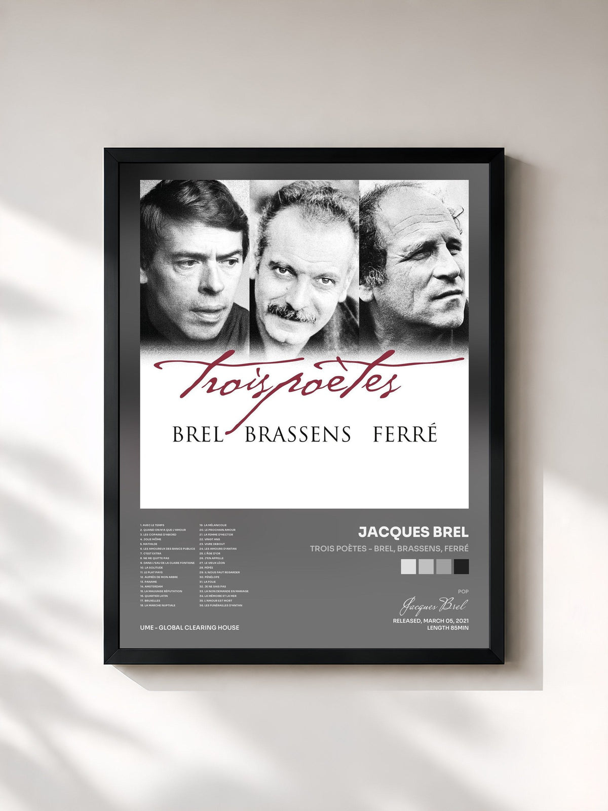 #noir Tableau de l'album Trois poètes - Brel, Brassens, Ferré de Jacques Brel, cadre noir, imprimé et encadré en France