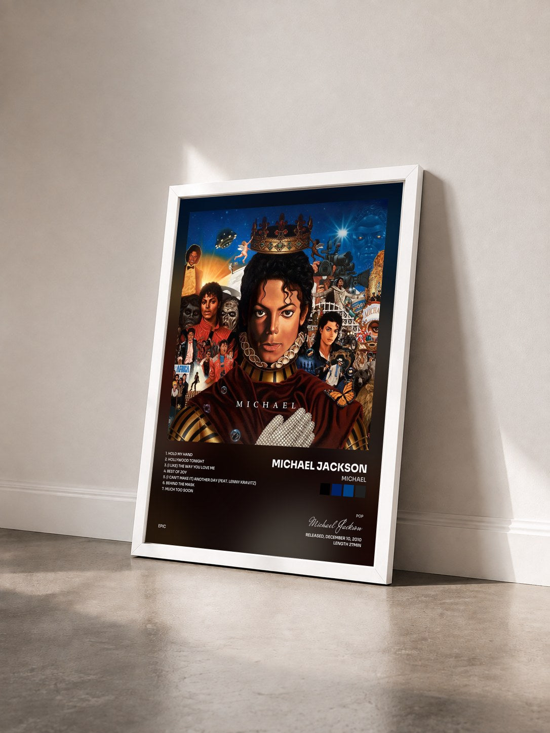 #blanc Tableau de l'album Michael de Michael Jackson vu de trois quarts, cadre blanc