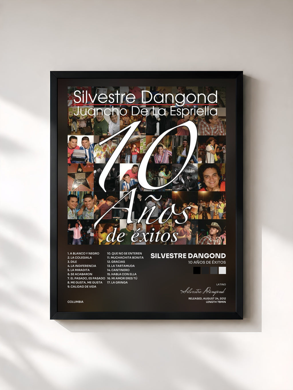 #noir Tableau de l'album 10 Años de Éxitos de Silvestre Dangond, cadre noir, imprimé et encadré en France