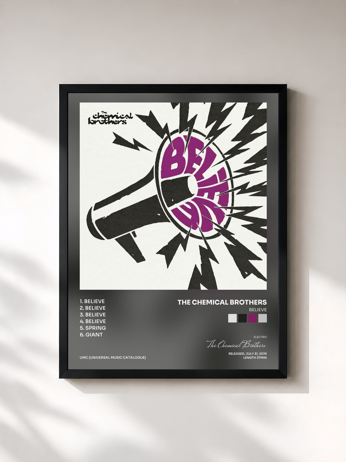 #noir Tableau de l'album Believe de The Chemical Brothers, cadre noir, imprimé et encadré en France