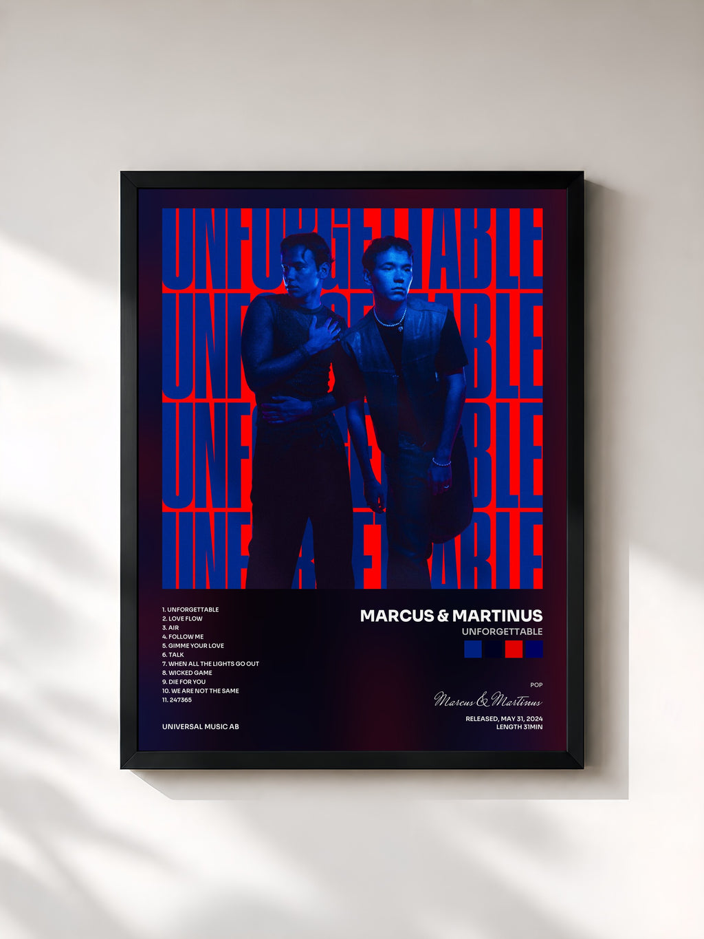 #noir Tableau de l'album Unforgettable de Marcus & Martinus, cadre noir, imprimé et encadré en France